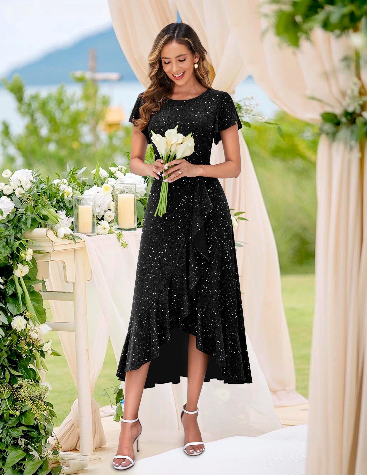 BeryLove Women Sequin Formal Party Dress Flutter Short Sleeve Wedding Cocktail Long Evening Dress