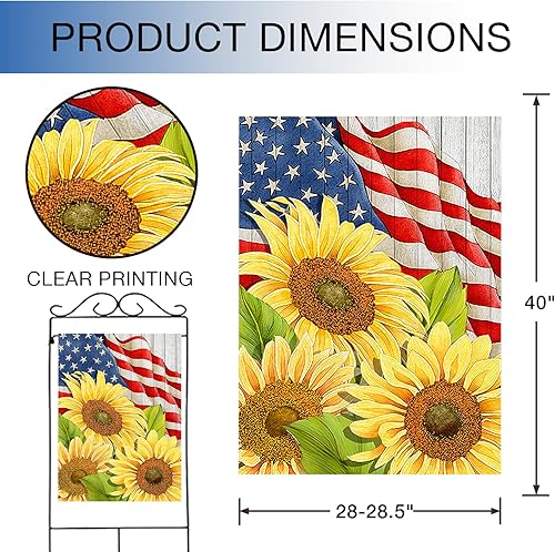 Miniatura 9 de Hzppyz Bandera patriótica de jardín de girasol del 4 de julio, Día de los Caídos decorativa para patio al aire libre, doble cara, arpillera de
