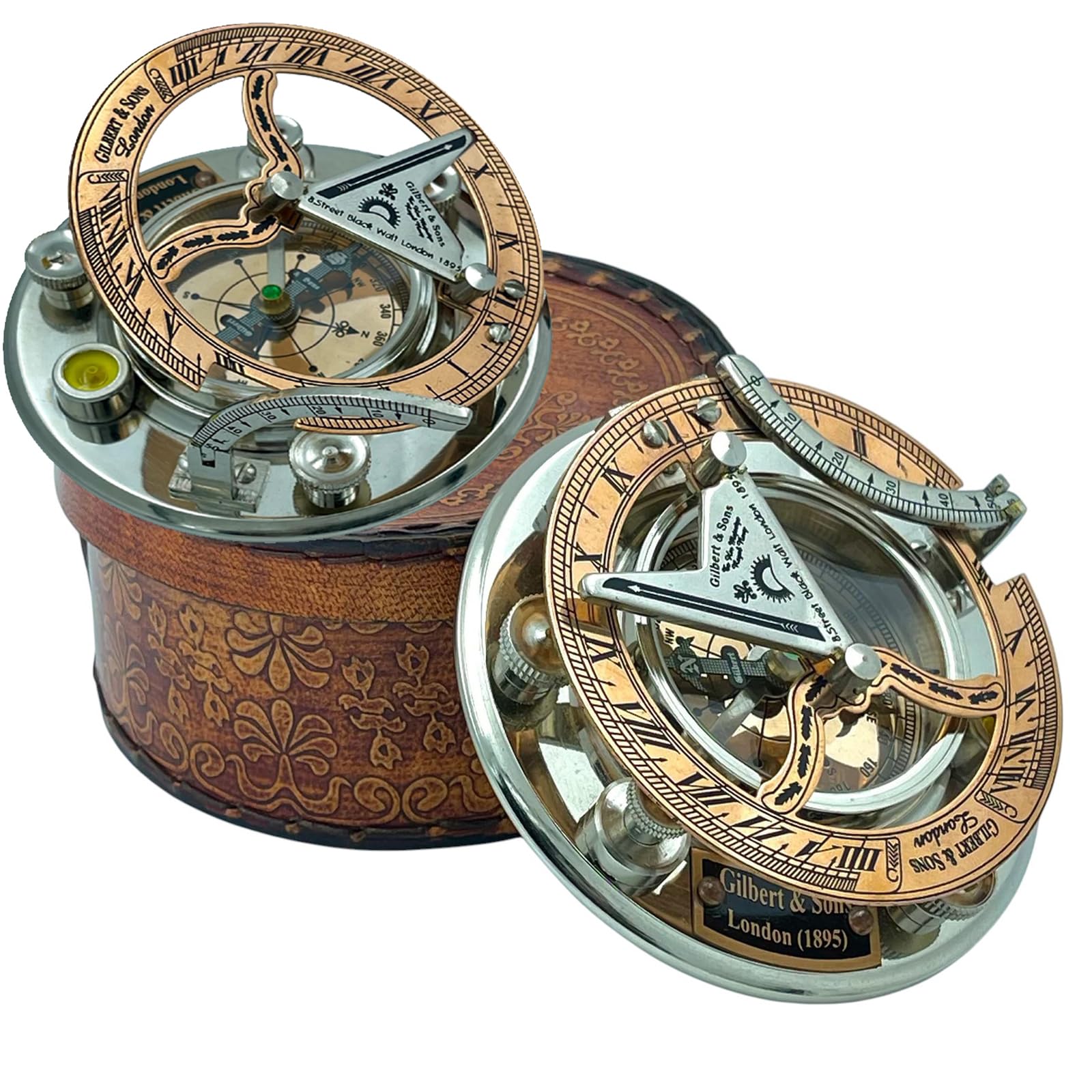 Boussole à cadran solaire en laiton antique et cuivre, réplique de montre, boîte cadeau