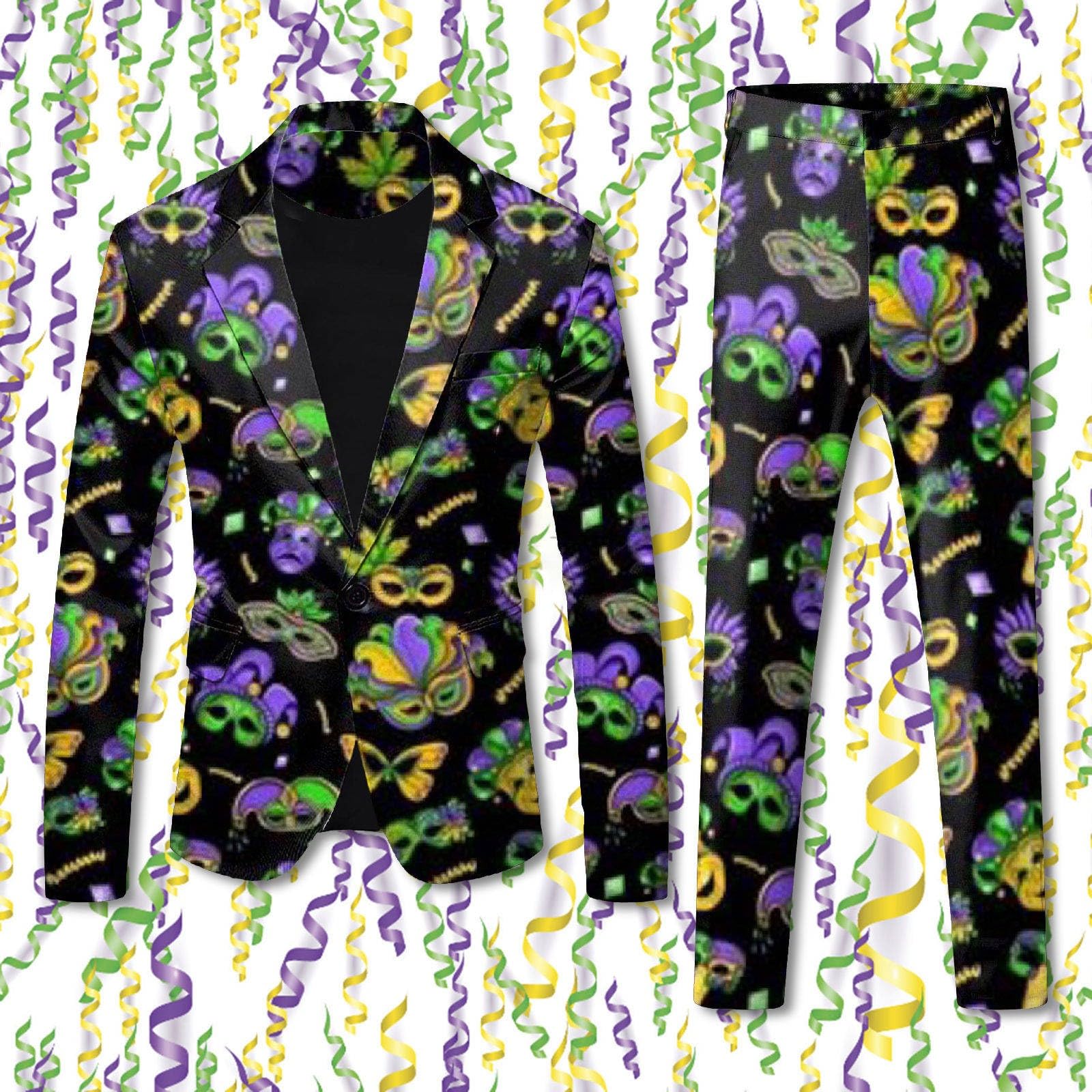 Anzug Kostüm Herren Lustiger Masken Anzug Prom Suits Faschingskostüme mit Bunten Drucken 60er Jahre Pop Art Style Outfit, Party Jacke und Hose, Karneval, Mottoparty, Mardi Gras S-3XL