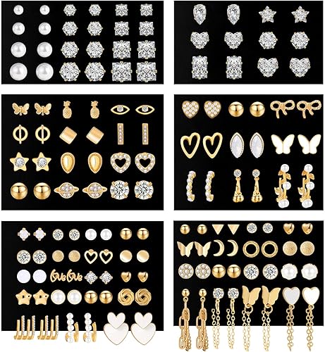 68 pares de aretes de oro para mujer, paquete múltiple, hipoalergénicos, surtidos para niñas, múltiples piercings, circonita cúbica, perla,