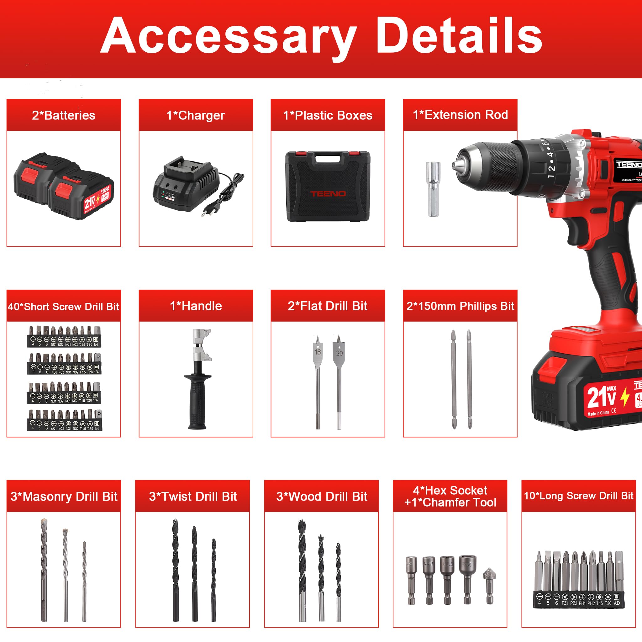 TEENO Perceuse Visseuse Sans Fil 21V Pour Batterie Makita 2 Batteries 4.0Ah,130Nm Max Brushless Visseuse Devisseuse Sans Fil avec 76 Accessoires et Valise,20+3 RéGlages de Couple,2 Vitesses,LED