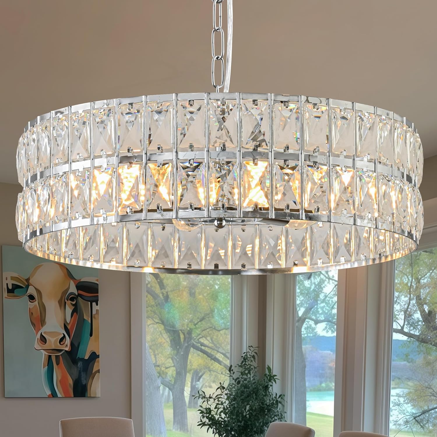 Crystal Chandelier for Dining Room,17.7'' LED Luxury Modern glass Mount Chandelier Fixtures, Round Kitchen Hanging Drum Pendant Lights Ceiling for Living Room Bedroom Foyer, with 6pc*5W Bulbs (Chrome)