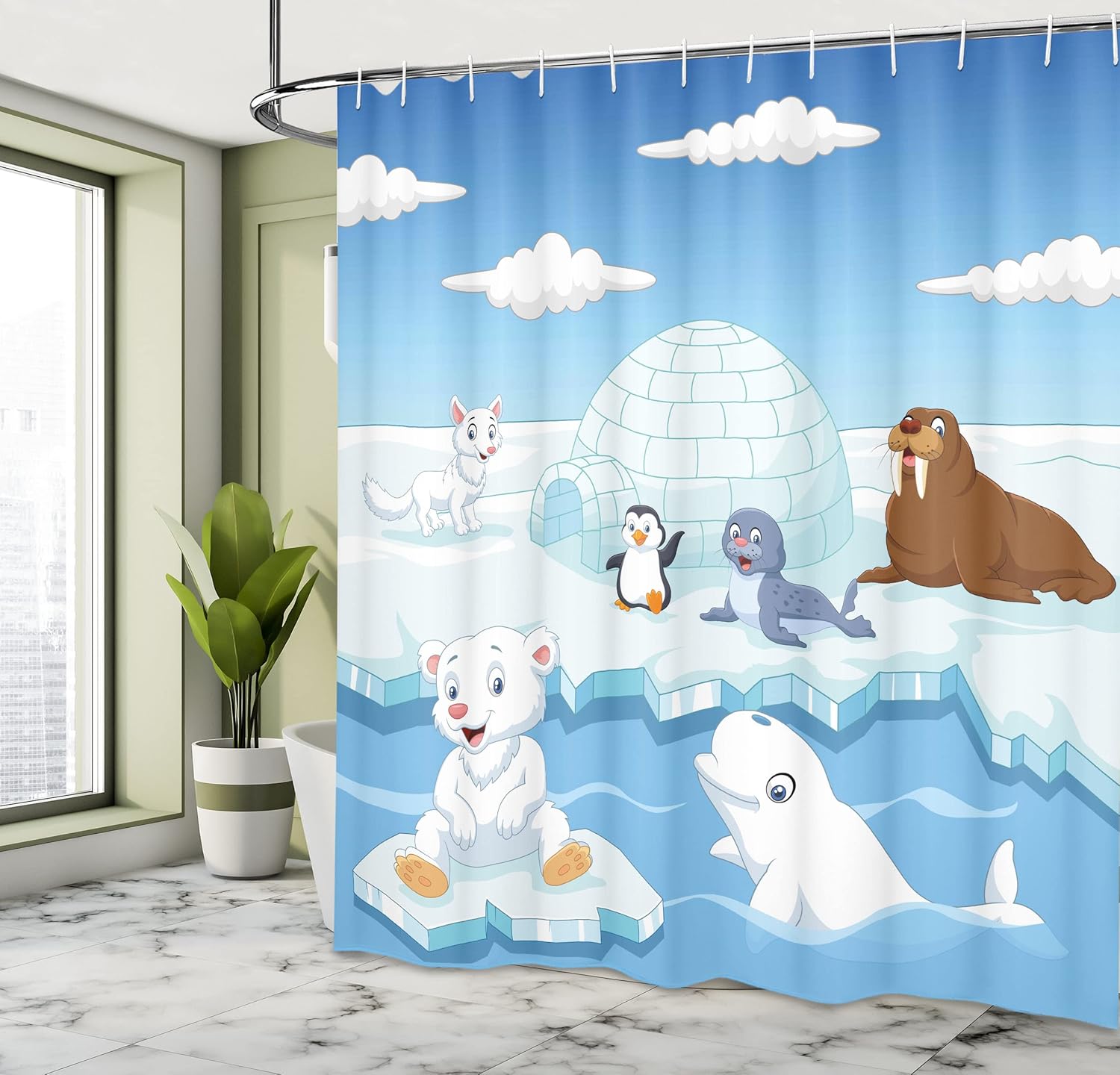 Ambesonne Animal Shower Curtain, Image of Arctics Animals Polar Bears Seal Penguins Wolfs Whales Work of Art, Cloth Fabric Bathroom Decor Set with Hooks, 69" W x 84" L, Sky Blue
