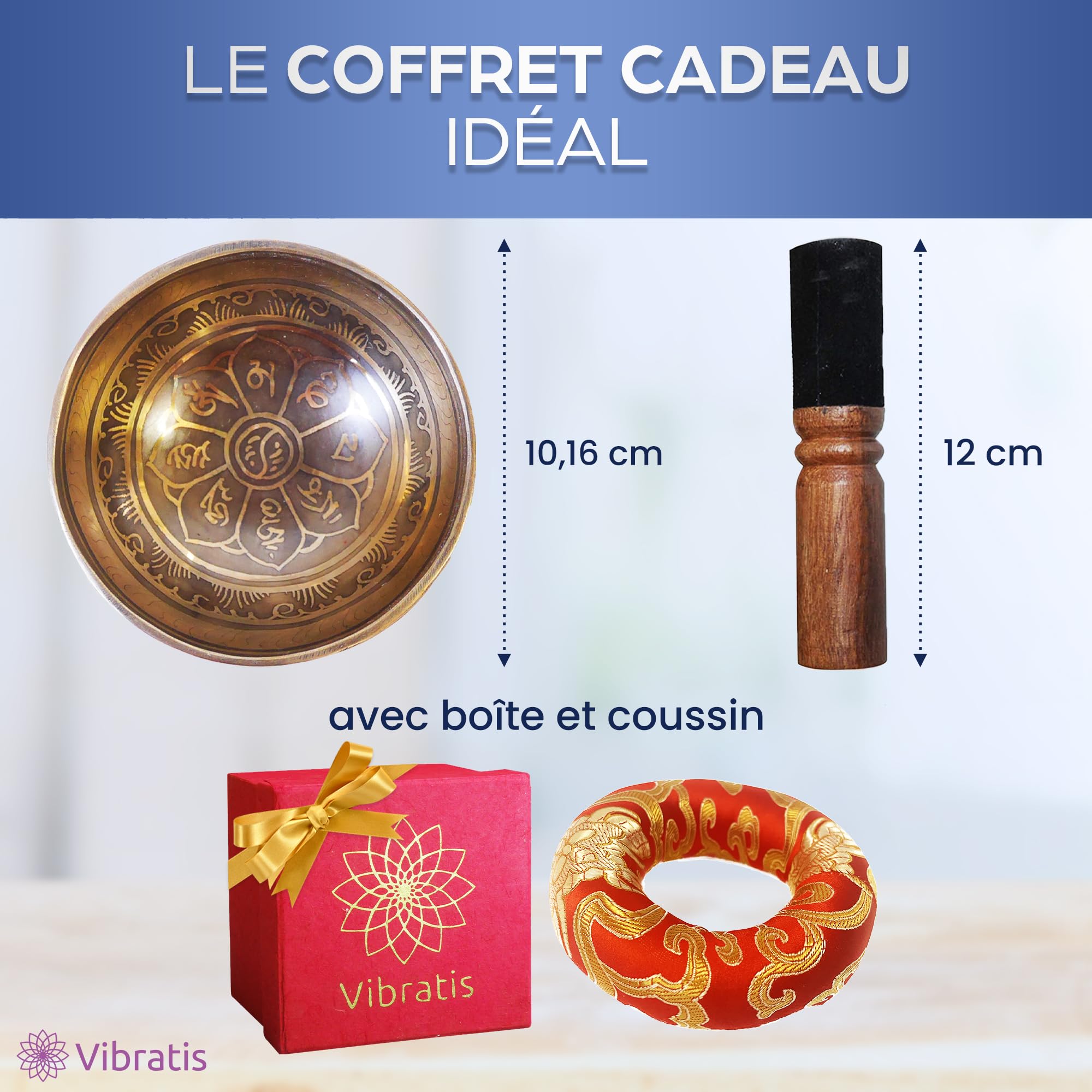 Bol Chantant Tibétain 7 Métaux + E-Book | Bol Tibétain Artisanal, Fait Main au Népal + Coussin + Maillet en bois + Boite Lokta - Méditation - Guérison
