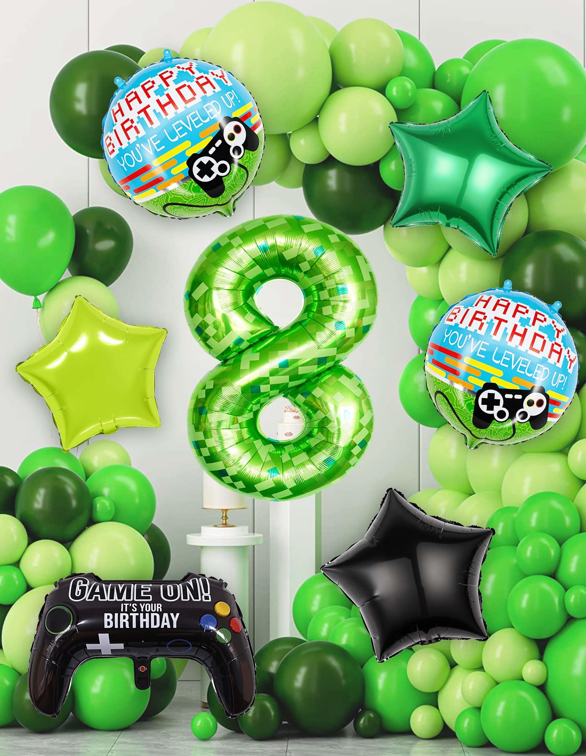 Zestaw balonów z motywem zielonych pikseli, górnik, numer 8, 7 szt., duże metaliczne balony foliowe, gry wideo, dekoracje imprezowe na urodziny, rocznicę, przyjęcie 102 cm