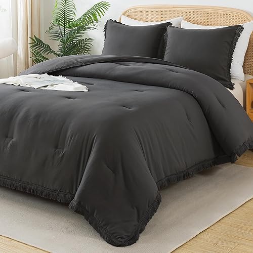Andency Full Size Comforter Set Dark Grey, 3 Pieces Boho Lightweight Bedding Comforters & Sets, All Season Soft Tassel Bed Set (78x90In Comforter & 1 Pillowcase)