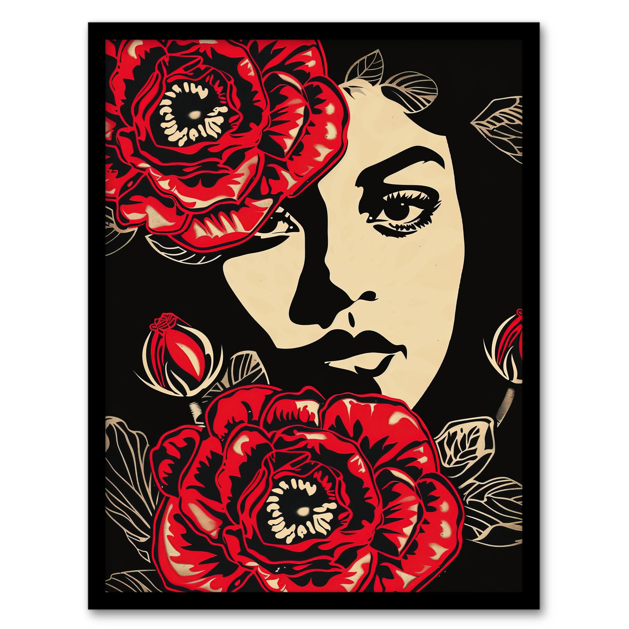Artery8 Beauty in Bloom Woman Face and Flowers Design Living Room Artwork Framed Wall Art Print 18X24 Inch