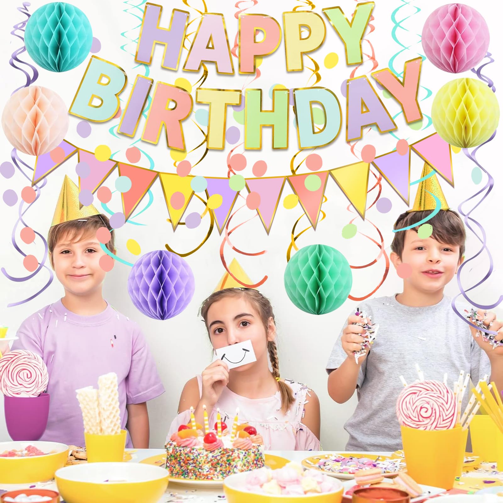 Fecedy Pancarta de feliz cumpleaños con banderines de papel coloridos, guirnalda de confeti, guirnalda de confeti, remolino, serpentinas, bola de panal para fiesta de cumpleaños