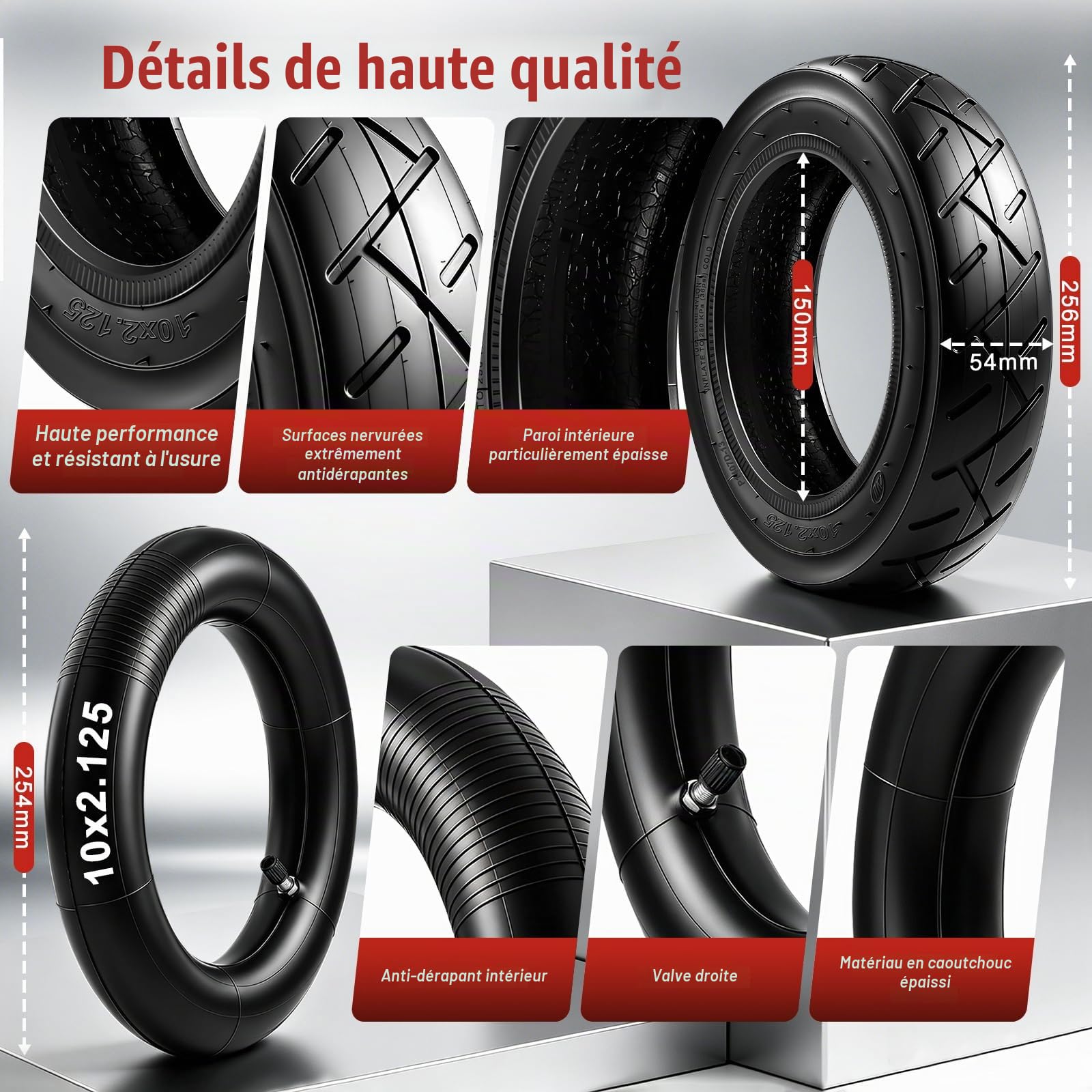 Pneu Trotinette Electrique 10x2.125, Chambre à Air 10x2.125 Renforcée, Pneu 10 x 2,125 et Tuyau en Caoutchouc 30 % Plus épais Avec Valve Droite, Compatible avec la Plupart des Scooters