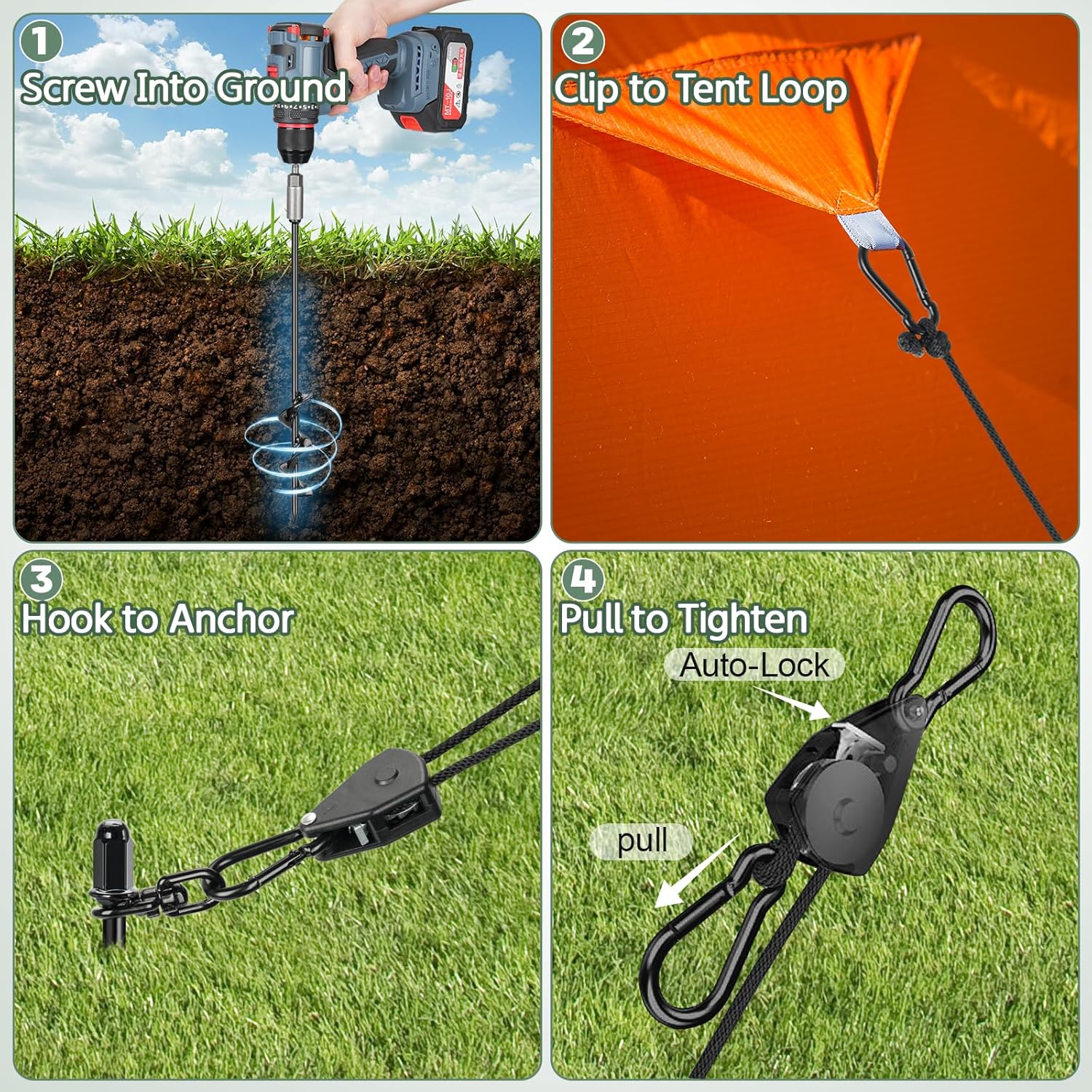 8 Pack Screw-in Tent Stakes, 17.7" Heavy Duty Spiral Ground Anchors (8mm Solid Steel, 1.5" Helix) w/ 8×8ft Ratchet Guy Lines, M12 Wrench & Bag for Camping Tents, Canopies, Tarps, Beach Sand