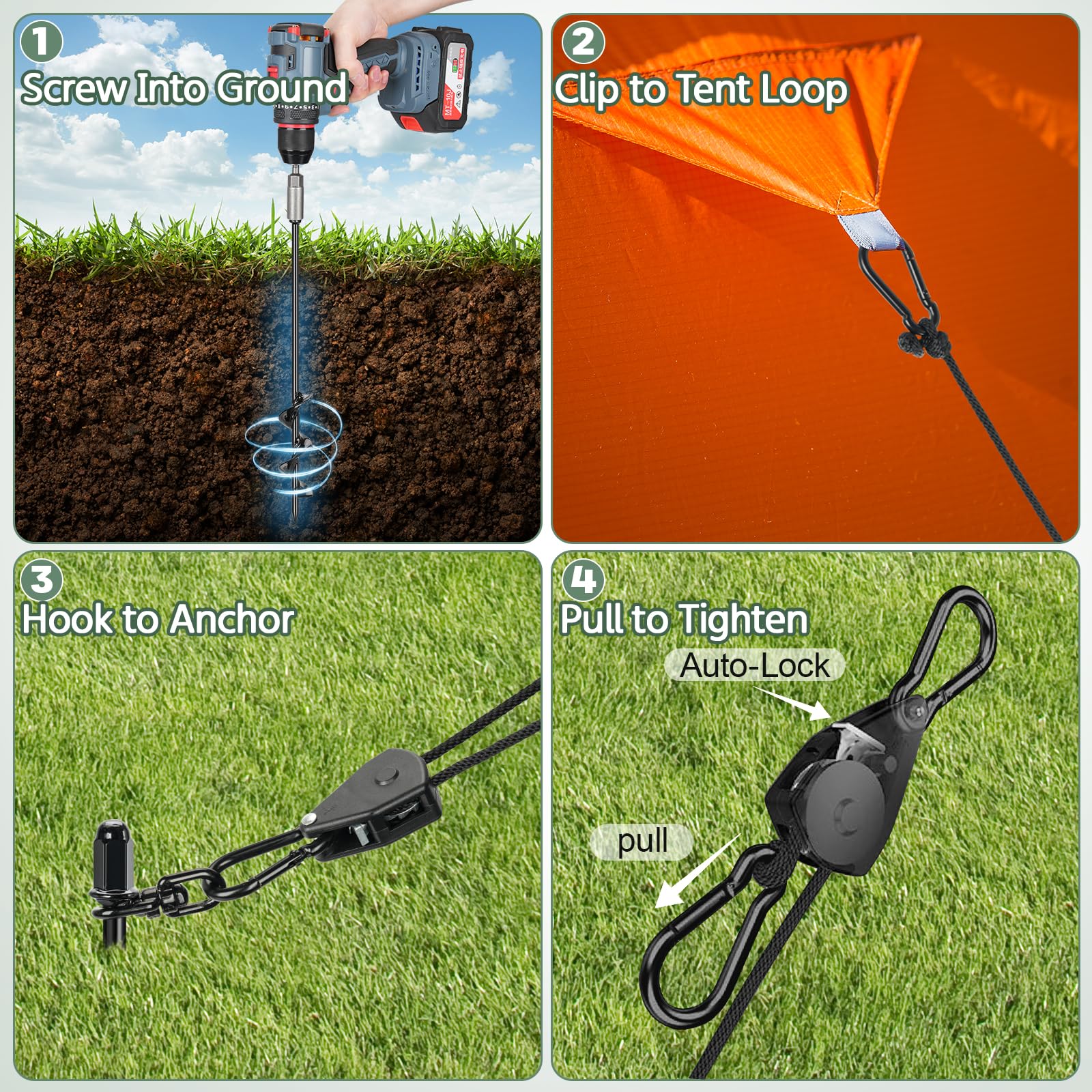 Piquets de Tente Robustes, Ancrage spiralé 45cm avec Corde à poulie | Lot de 4, Résistant aux vents forts, Installation rapide, Sac de transport, Acier plein 8mm, Pour tentes, tonnelles & bâches