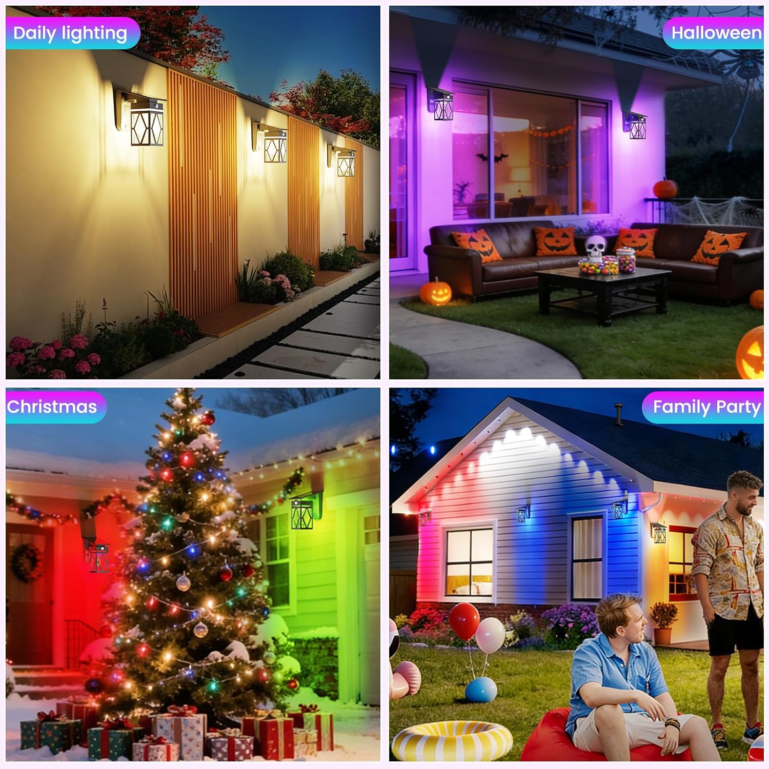 RGB Solar Wall Lights Outdoor 2 Pack, Dusk to Dawn & Motion Sensor Porch Light with Diamond Shape, 10 Modes (RGB Cycle/Fixed) IP65 Waterproof, E26 Bulb Exterior Sconce for Front Porch, Garage, Patio