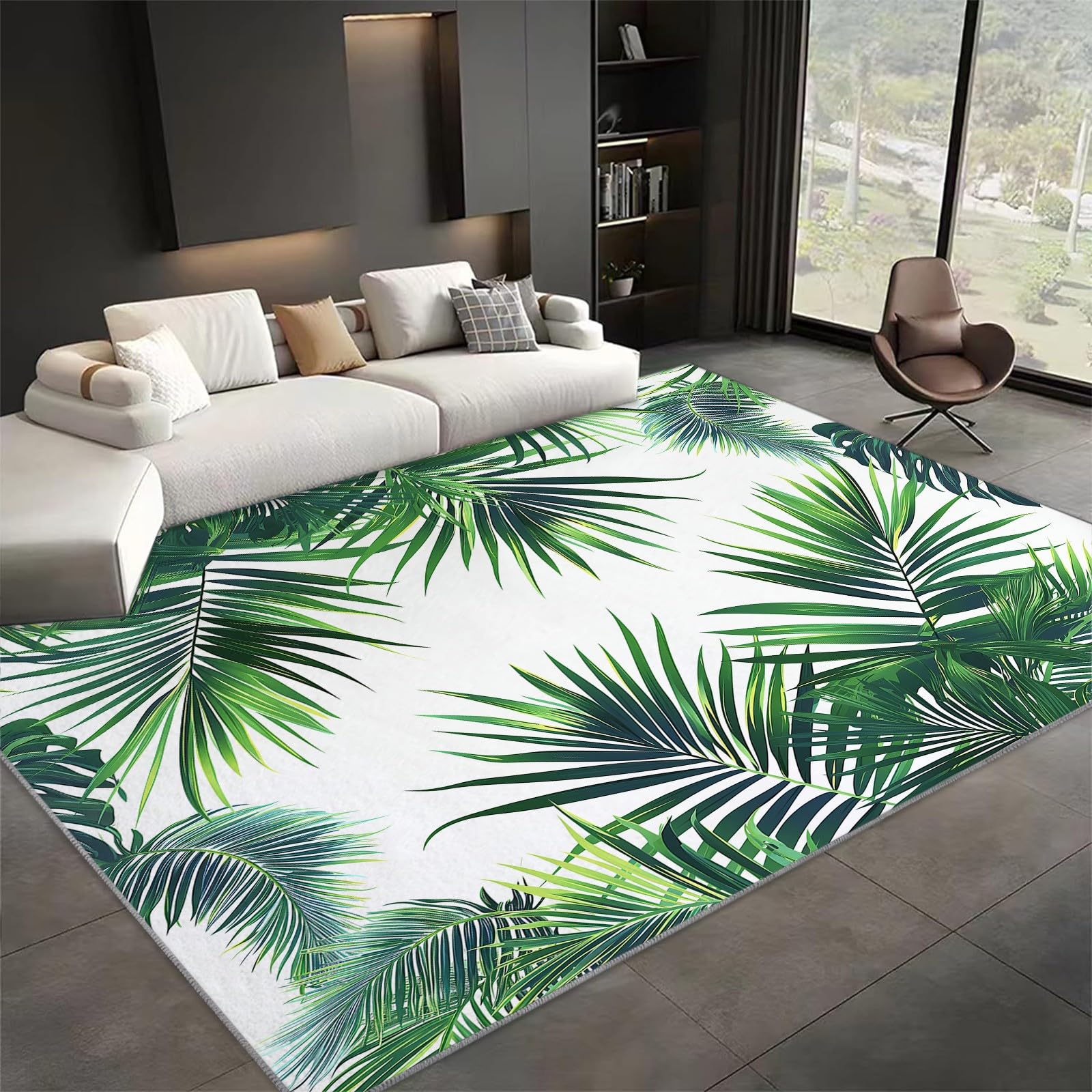 Tapis Salon Chambre Feuilles De Palmier Vertes 140x200cm Doux Antidérapant Tapis Intérieur, Lavable en Machine, pour Chambre Adulte Salle à Manger Cuisine Bureau