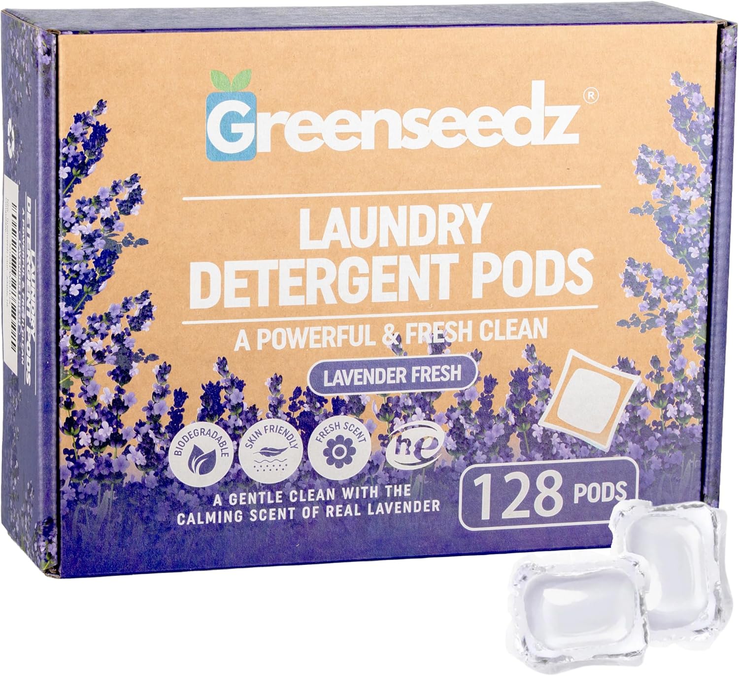 Greenseedz Laundry Pods, Fresh Lavender Scent, 128 Pacs, Eco Friendly, Powerful Clean, Biodegradable, HE Compatible