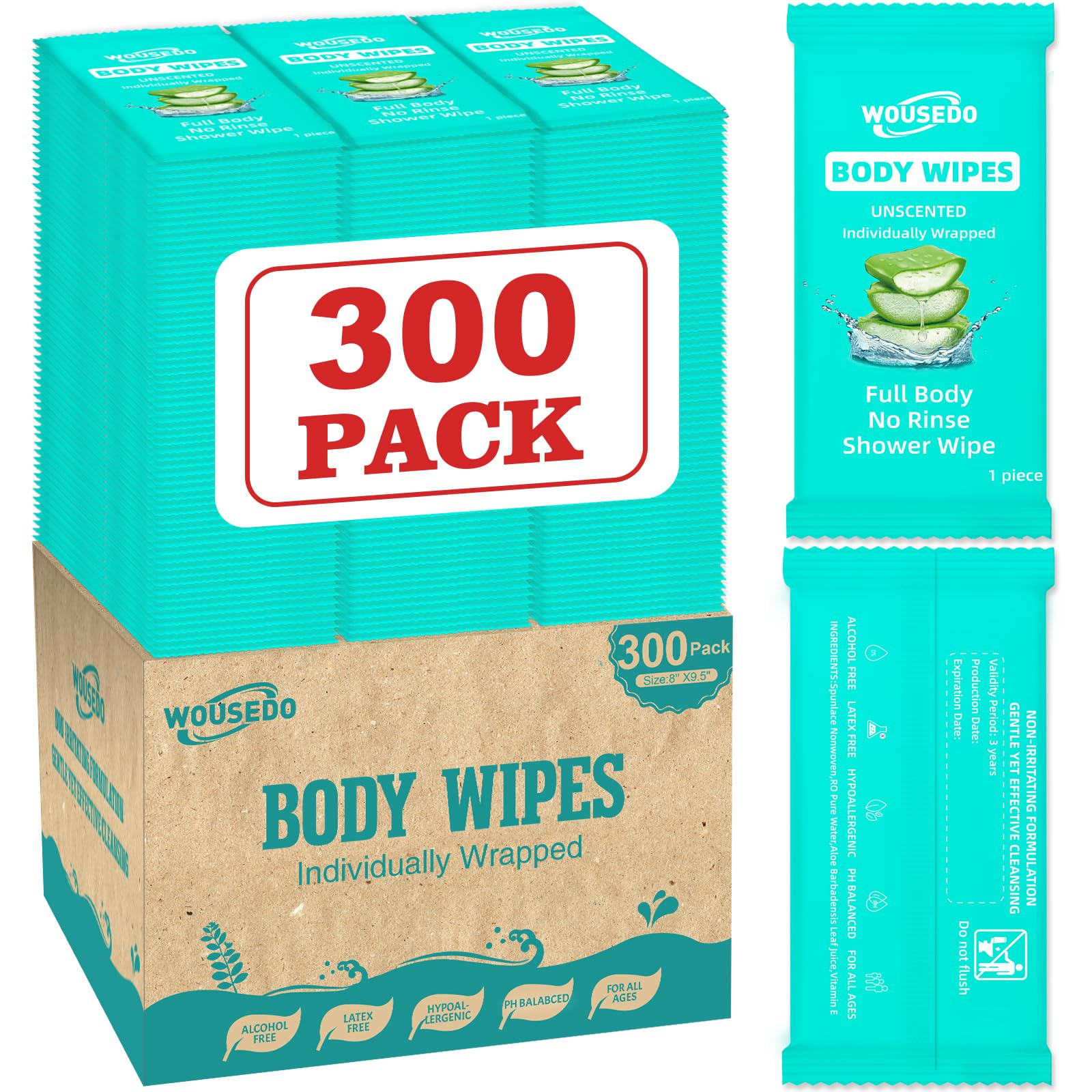 300 Pack Individually Wrapped Body Wipes 8 x 9 5 No-Rinse Shower Wipe for Adults Travel Gym Camping
