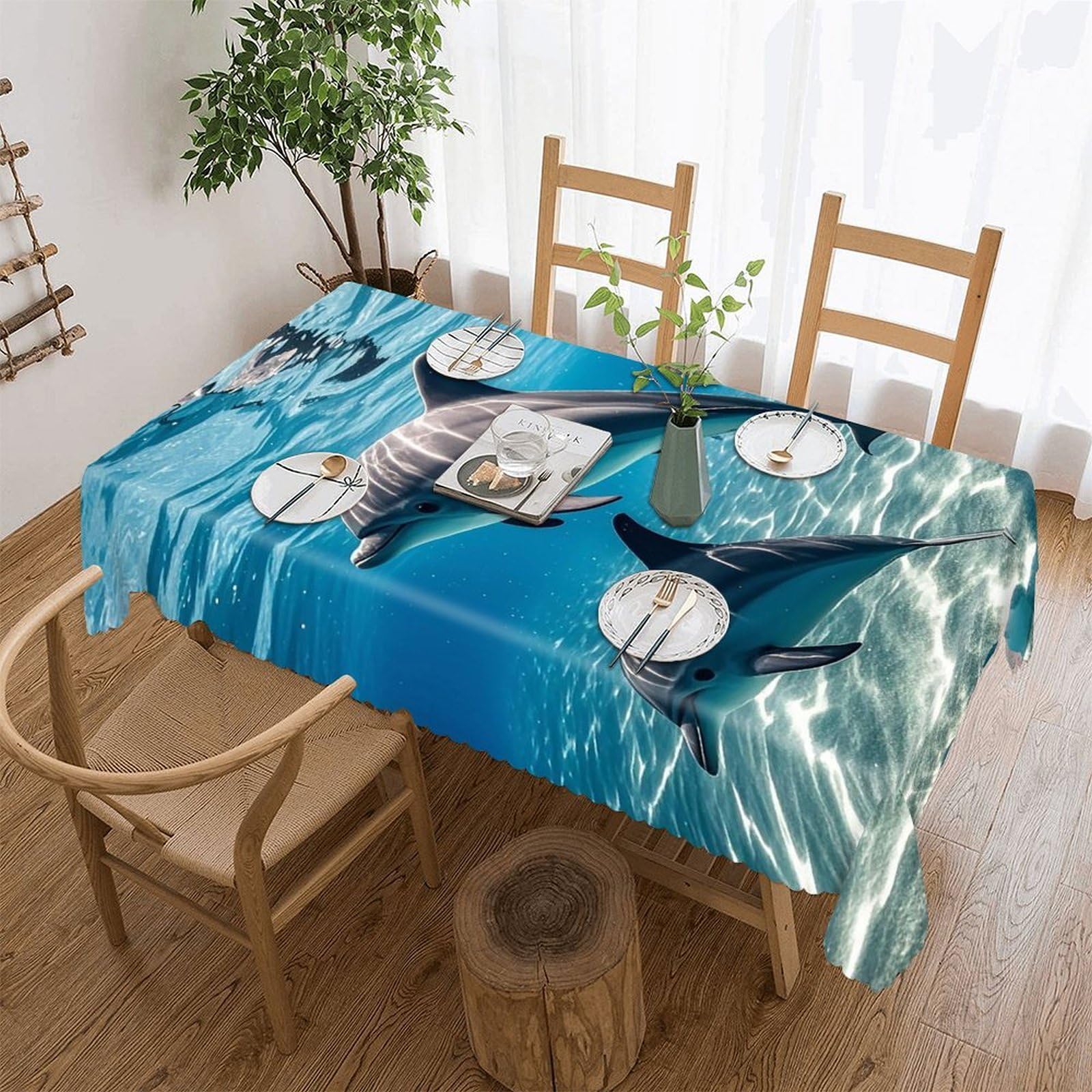 Dolphins Underwater Tablecloth Rectangle Table Cloth Decorative Fabric Table Cover Waterproof Seasonal Table Cover Wrinkle Resistant Washable Table Cloth for Party Picnic Dinner Decor 55"x70"