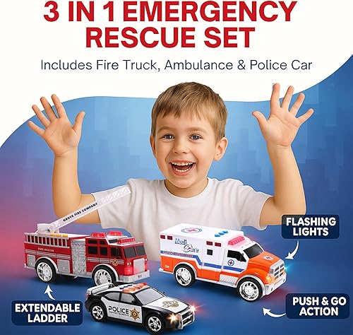 Miniatura 6 de Juego de vehículos de emergencia de juguete para niños con luces y sonidos camión de bomberos automóvil de policía y ambulancia 3 en 1