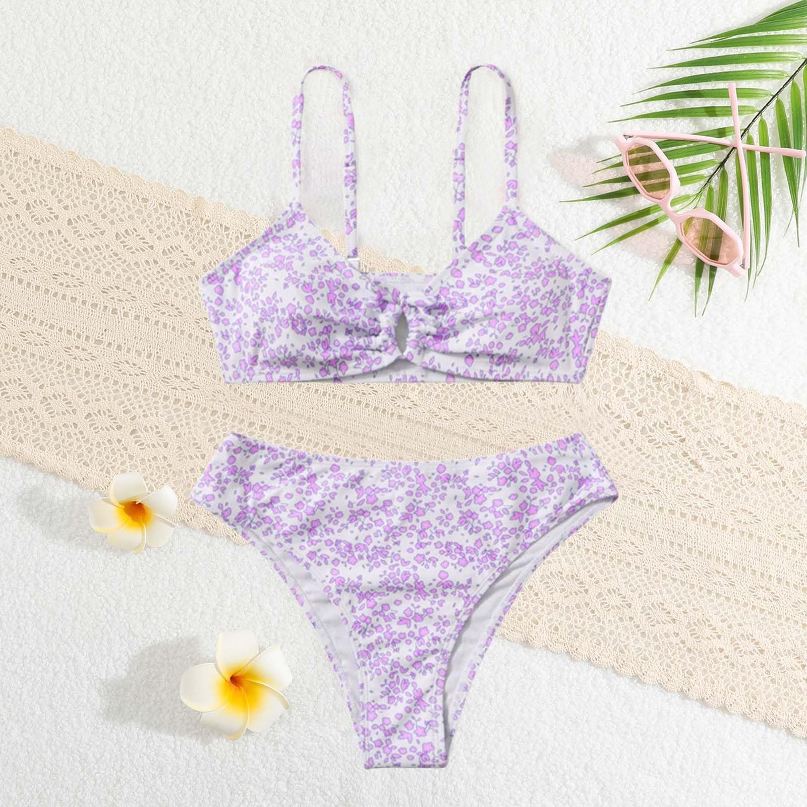 Traje de baño de verano para niñas, juego de 2 piezas, estampado floral, traje de baño de bikini con tiras para adolescentes, verano, playa, vacaciones, fiesta de piscina, entrenamiento de natación