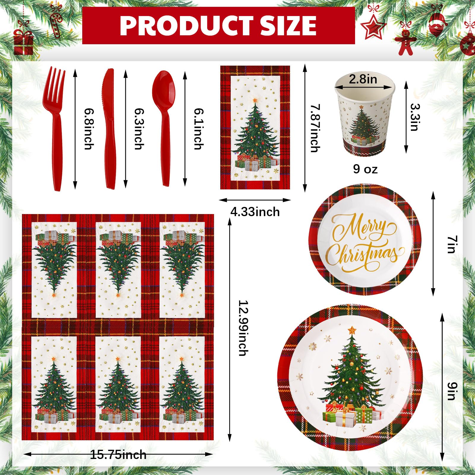 400 Pcs Christmas Disposable Dinnerware Set Serve 50 Red Buffalo Plaid ...