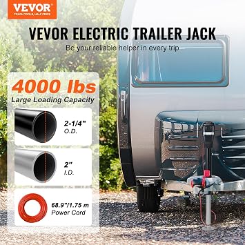 VEVOR Electric Trailer Jack, Power Tongue Jack Weight Capacity 4000 lbs, 9.84-33.85 Electric Tongue Jack with Waterproof Cover for Lifting RV Trailer, Horse Trailer, Utility Trailer, Yacht Trailer