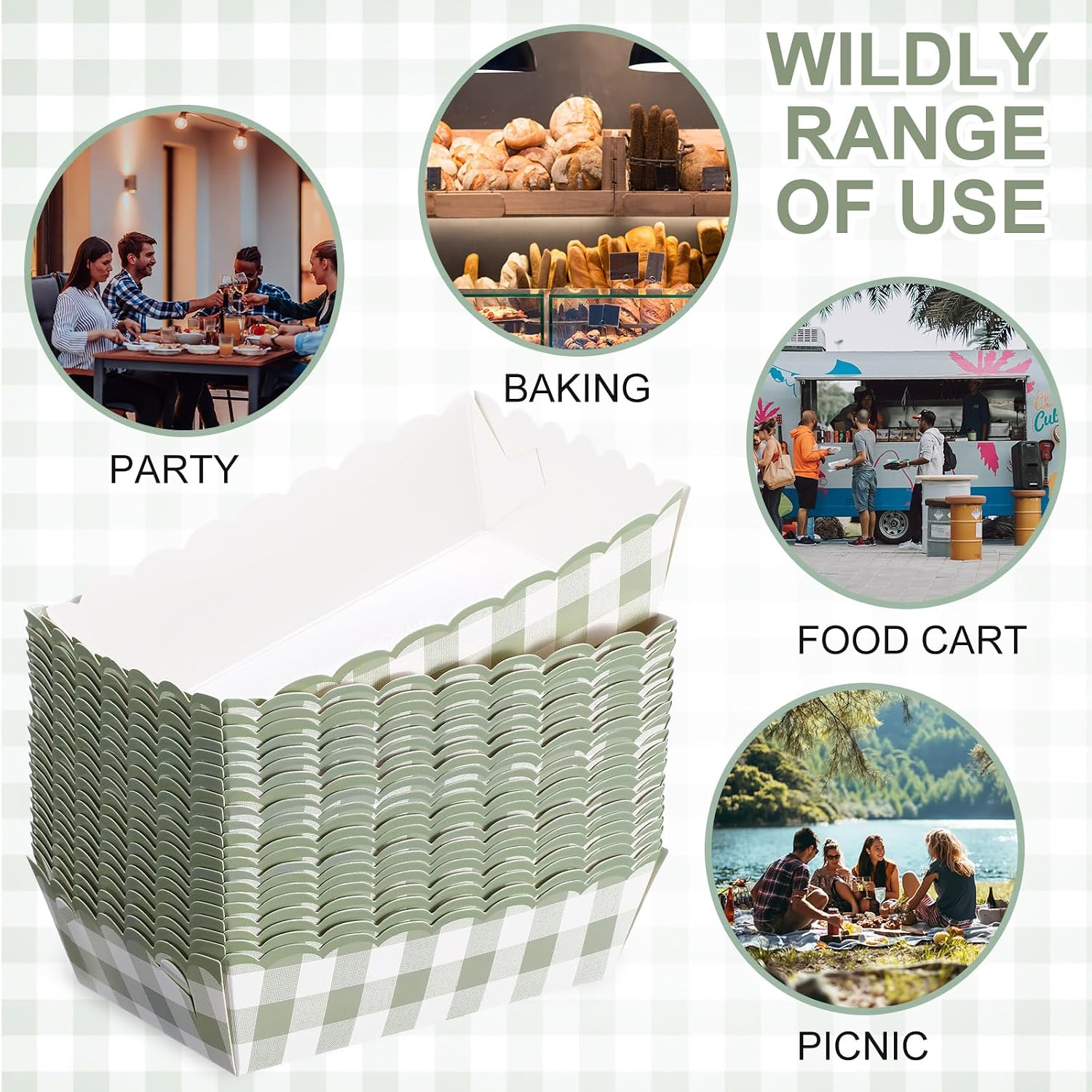 Funnymoom 48 Pcs Gingham Party Supplies Sage Green Gingham Paper Food Trays Green and White Nacho Boat Trays Disposable Snack Holder for Spring Birthday Party Baby Shower Bridal Wedding Supplies