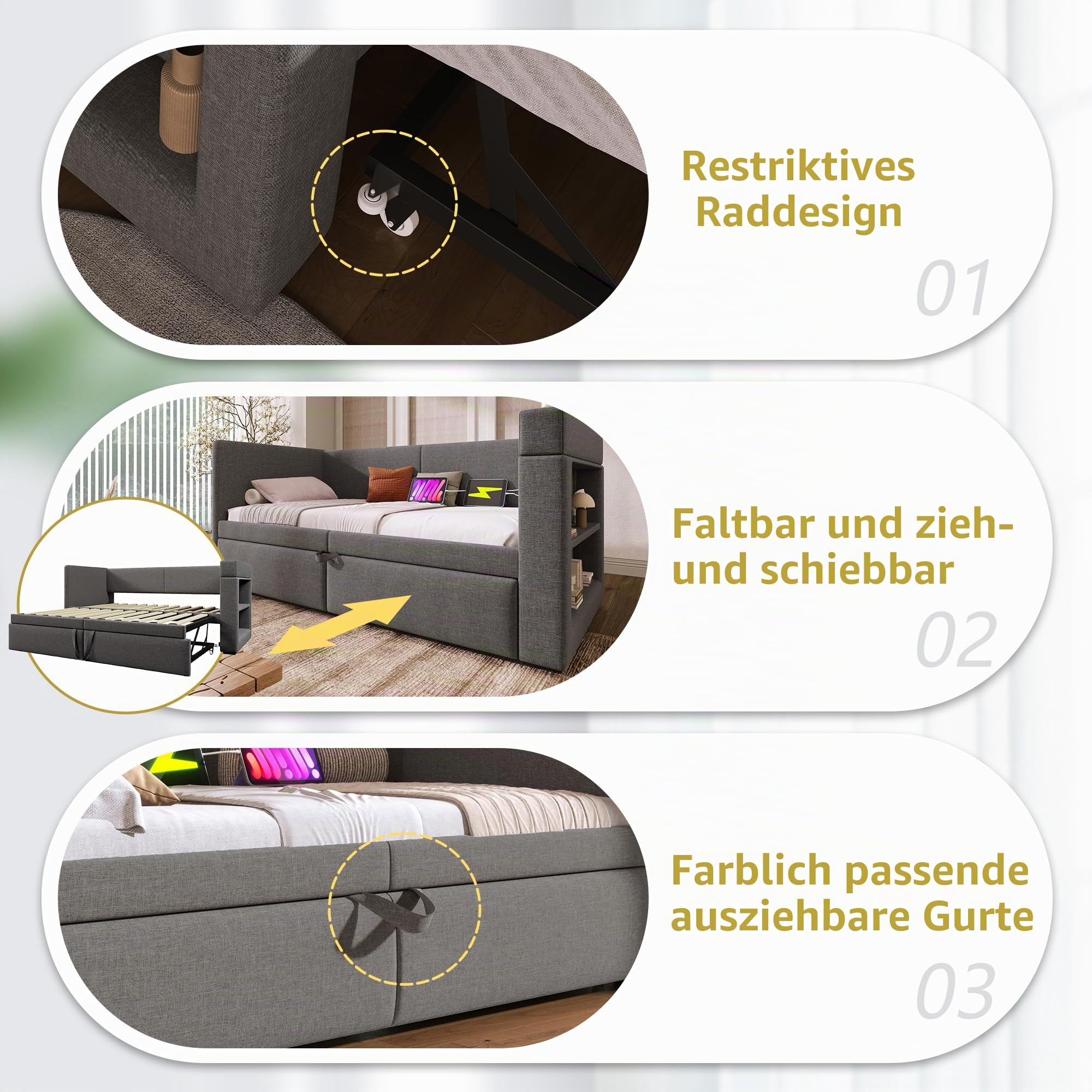 Multifunktions Daybett Jugendbett 90x200 cm Ausziehbett mit USB-Type-C & USB Ladeanschlüssen und Getränkehalter, Kinderbett, Polsterbett, Klappbett Gästebett, Grau (Ohne Matratze)