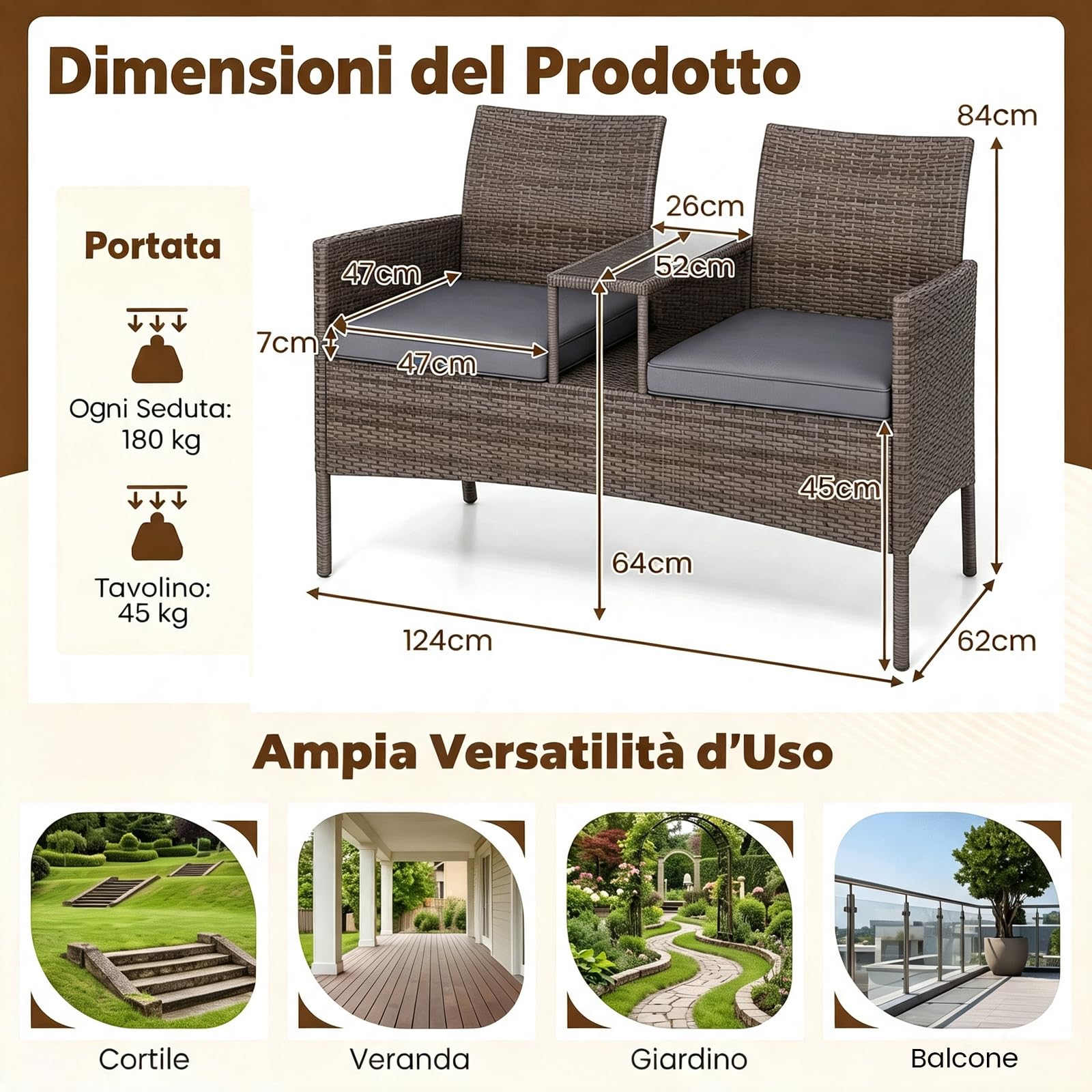 SOARS Panchina da Giardino 2 Posti, Divanetto da Esterno in Rattan con Tavolino in Vetro Temperato Integrato e Cuscini Rimovibili, Salotto da Giardino Esterno per Balcone e Piscina, 124 X 62 X 84 CM