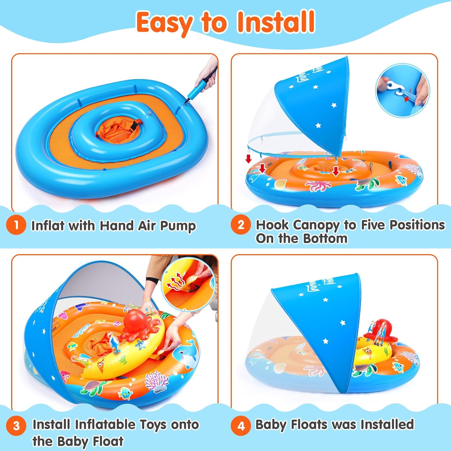 EZIGO Baby Pool Float with Canopy UPF 50+ Sun Protection, Double Air Chambers Infants Swimming Floats with Sound Toys Adjustable Safety Seat Toddler Float for Boys and Girls 6-36 Months - Image 6