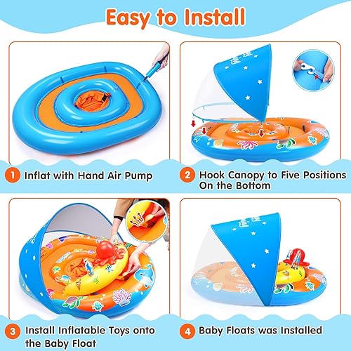 Miniatura 6 de EZIGO Flotador de piscina para bebé con toldo UPF 50+, doble cámara de aire, flotadores de natación con juguetes de sonido, asiento de seguridad