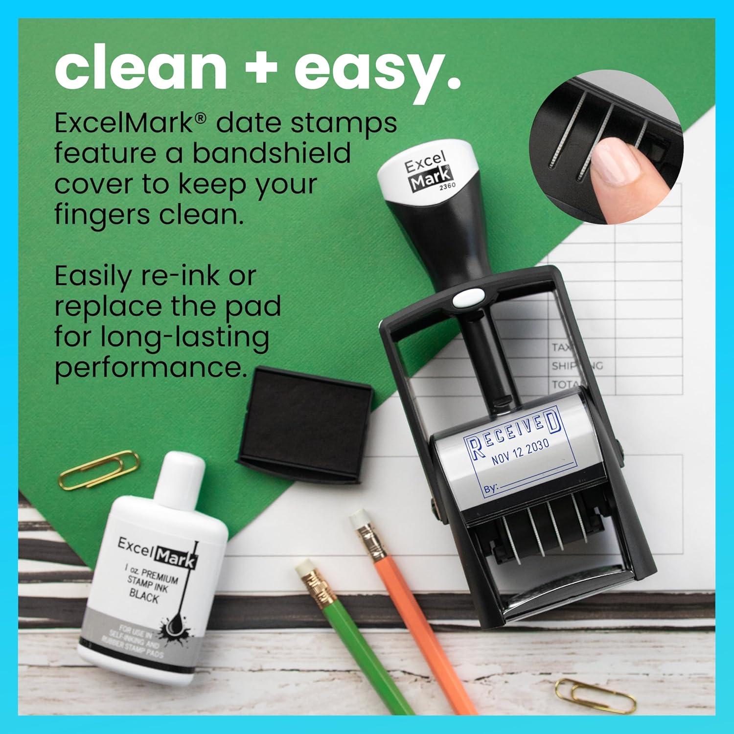 ExcelMark Heavy Duty Self-Inking Date Stamp (Blue, Received)