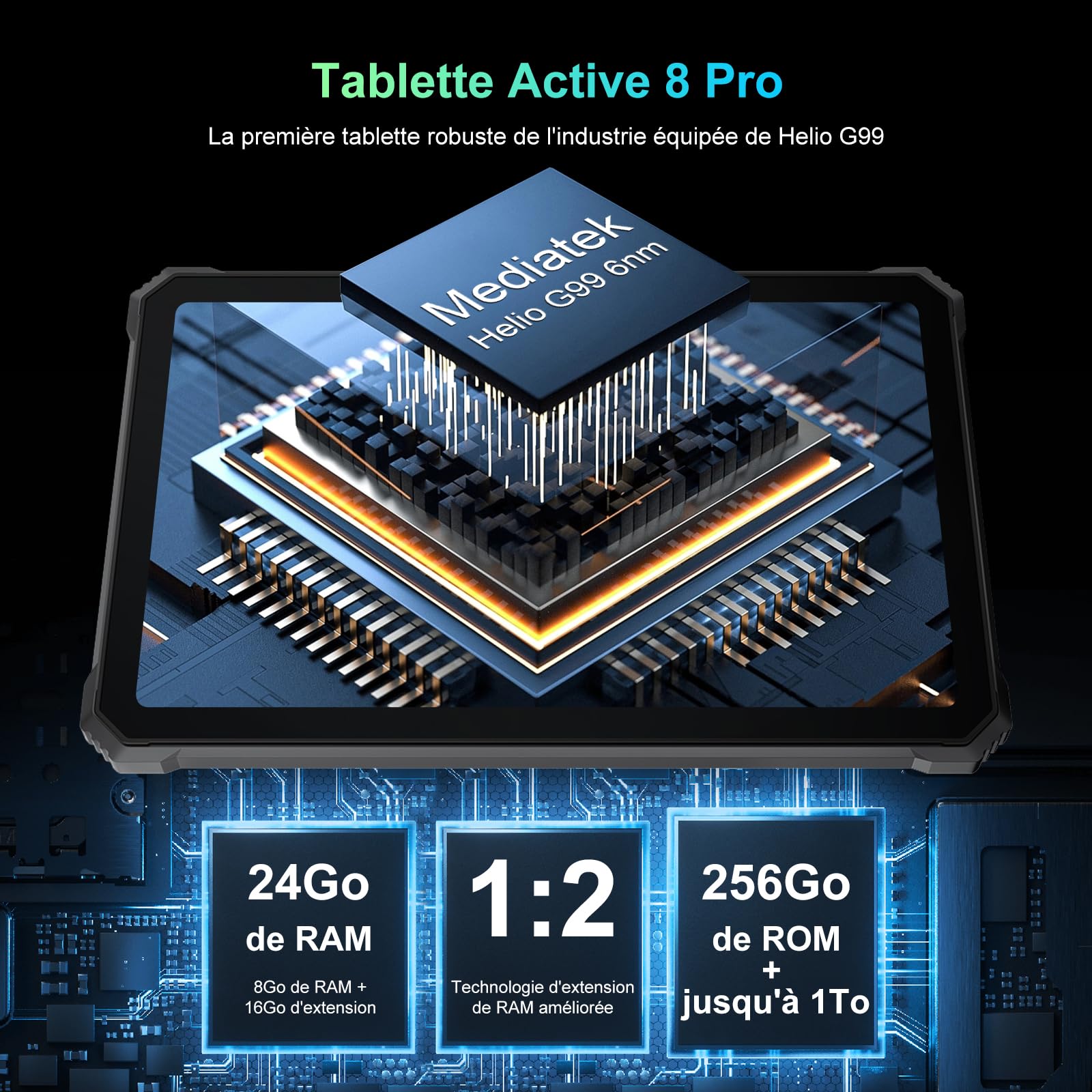 Blackview Tablette Incassable Active 8 Pro, 16Go RAM + 256Go ROM, Tablette Robuste 10 Pouces, 22000mAh Tablette Tactile Android 13, 48 MP avec ArcSoft Caméra, Double SIM 4G/5G WiFi/NFC/GPS/OTG/IP69K