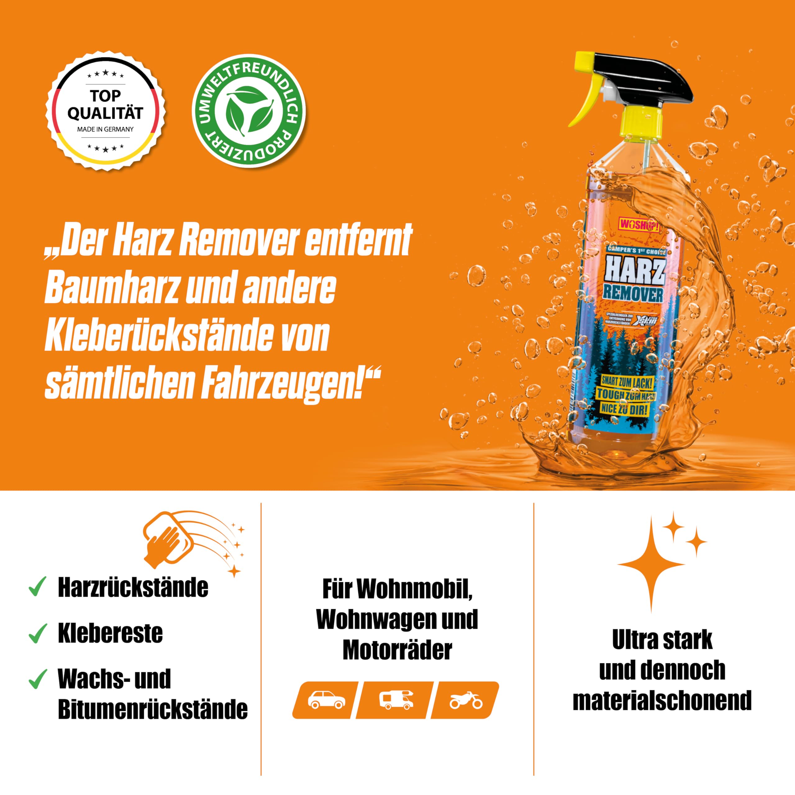 WOSHUP! Harzentferner 1000 ml mit Xtra Skin Schutzfilm Harzentferner, Harzlöser für Wohnwagen, Wohnmobil, Camping, Caravan, Vorzelt, Markise, Boot und Zelt. (2x1 Liter) Auto & Motorrad