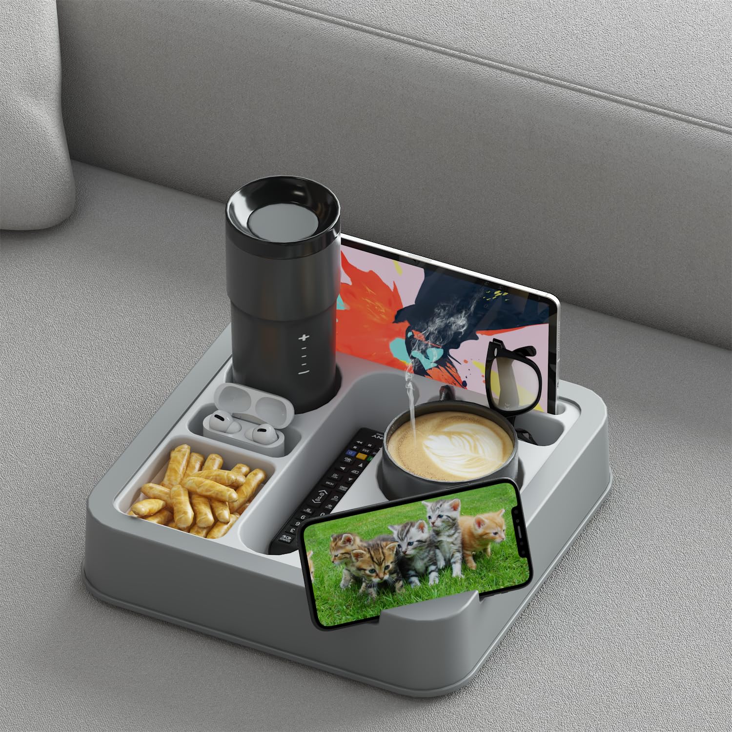 Couch Cup Holder Tray ?FINTHECH Food-grade Silicone and Plastic Couch Caddy for Bed Car Seat, Waterproof Anti-Spill Couch Drink Holder for Remote Control, Headphones, Snacks and Other Items.