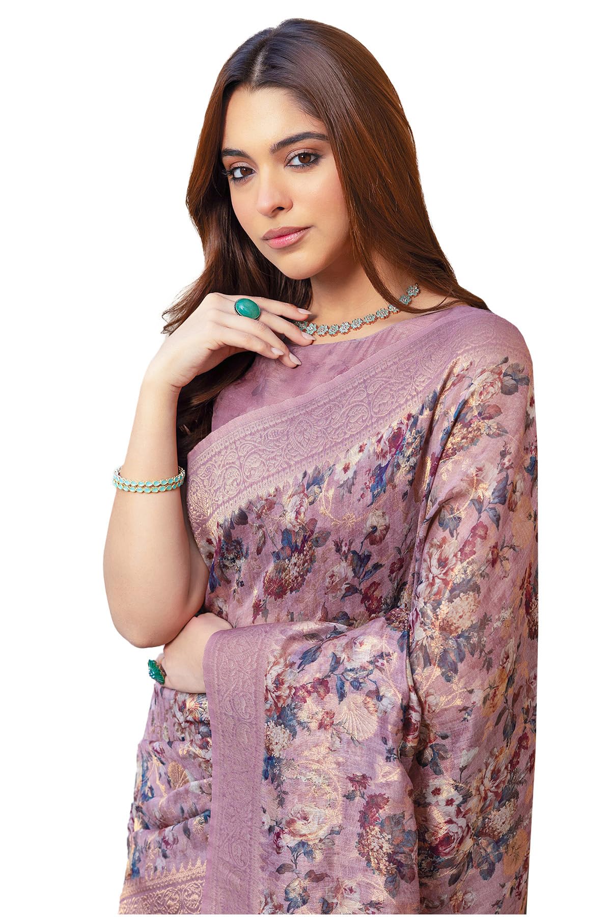 Womens Earth Chanderi Floral Print Saree With Tassels-image-49