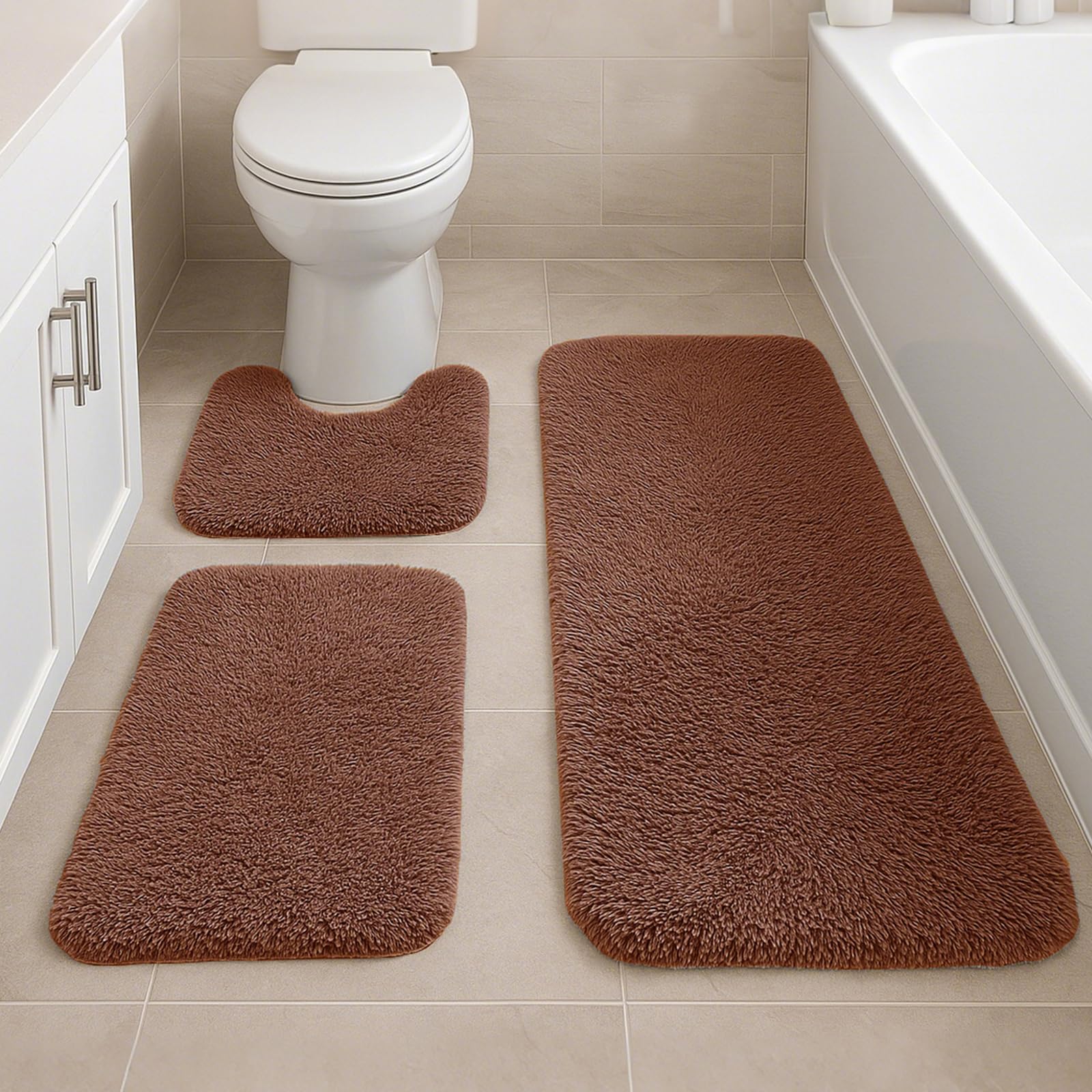 Tapis de salle de bain à poils longs épais et absorbant lot de 3 pièces pour sol sécurisé
