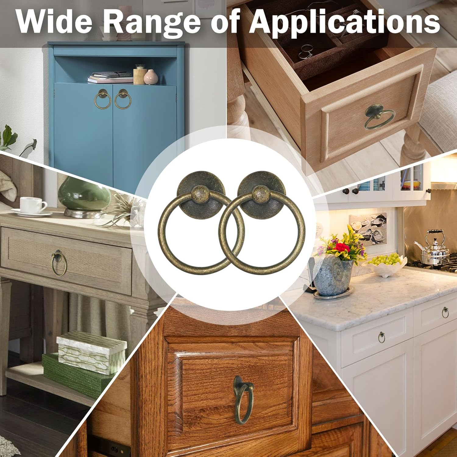 12pcs Antique Brass Ring Drawer Pulls, Vintage Cabinet Ring Handles, Metal Drawer Knobs for Dresser Drawers Cupboards