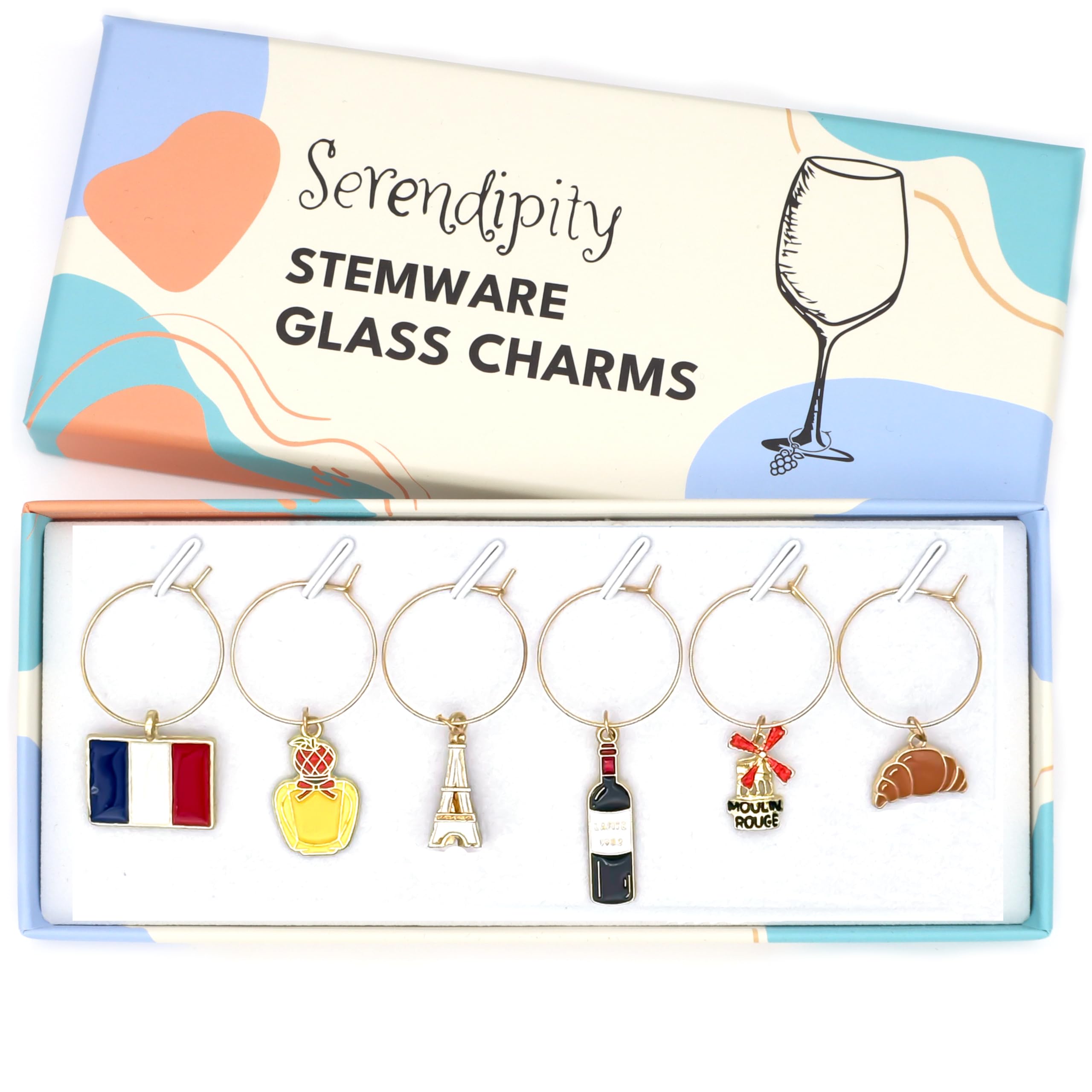 Serendipity France Wine Glass Charms, France Gift, French Glass Identifiers, Charms Include Paris Eiffel Tower, French Wine, Parfume, Flag and Croissant