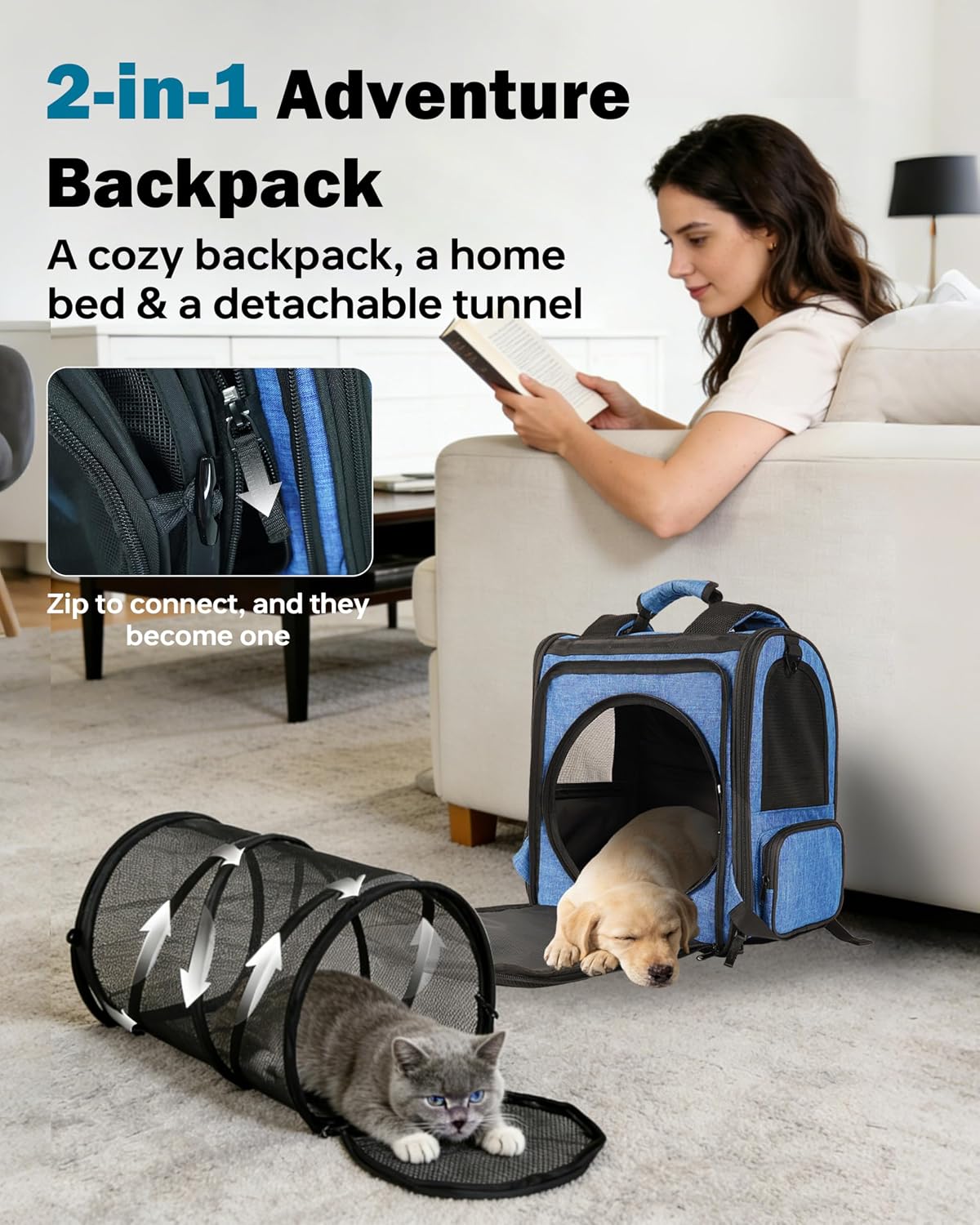 Cat Backpack Carrier, 2 in 1 Expandable Cat Backpack with Breathable Mesh,Cat Carrying Backpack with Detachable Round Play Tunnel for Cat 17lbs & Small Dog 13lbs,Blue.