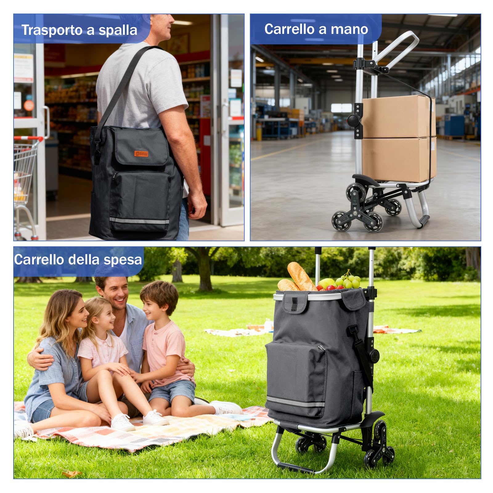 Sekey Carrello della Spesa Pieghevole con Funzione Saliscale, Carrello 3 in 1 con Borsa a Tracolla e 3 Ruote, Trolley Ideale per Anziani, Spesa e Campeggio – Grigio
