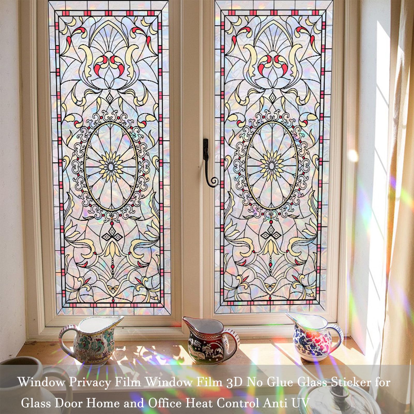 HFhyxin Window Privacy Film, Rainbow Stained Glass Film Decorative Window Clings, Static Cling Sun Blocking Stickers Decals Coverings Tint for Home Heat Control, Non-Adhesive 17.7