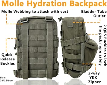 Tactical MOLLE Hydration Pack for 2L Hydration Water Bladder 500D Lightweight Nylon Hydration Pack for Hiking Running Biking and Climbing