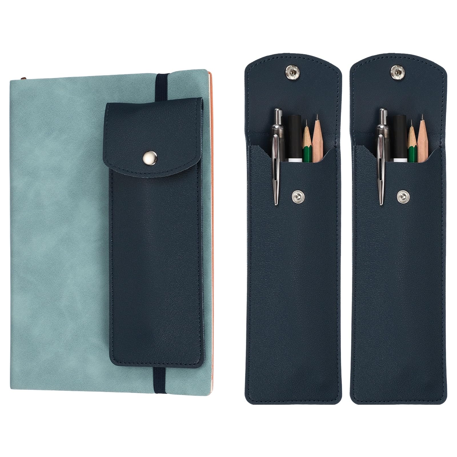 PATIKIL Elastic Band Pen Holder, 2Pcs Adjustable Leather Pen Sleeve Pouch for Notebook Journal Planner Tablet Office Classroom, Navy Blue
