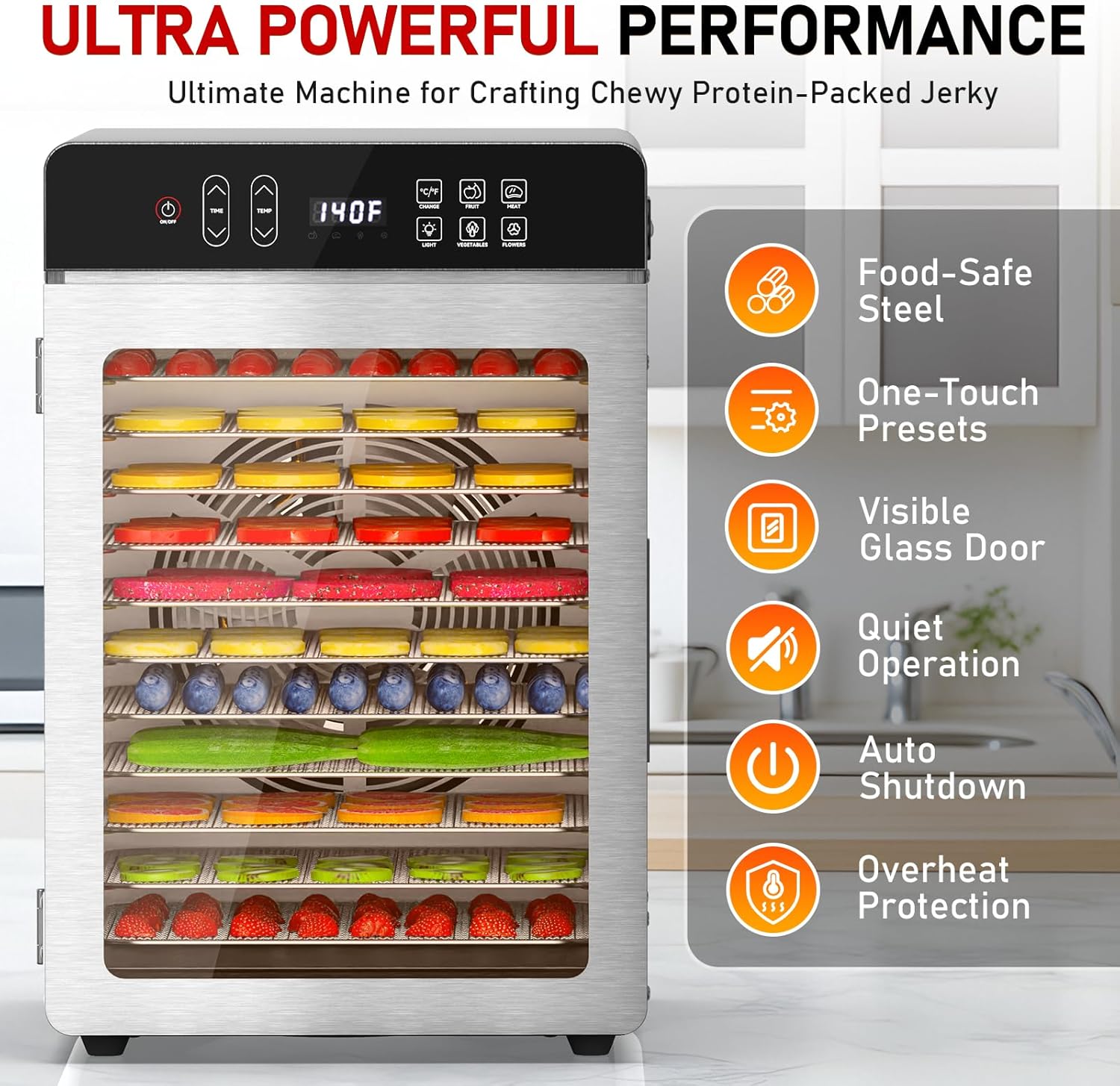 Food Dehydrator, 12 Stainless Steel Trays, 800W Electric Dehydrator Machine with Digital Timer & 194℉ Temp Control, 4 Presets, 10.9ft² Dehydrator for Food and Jerky, Fruit, Herbs, Dog Treats