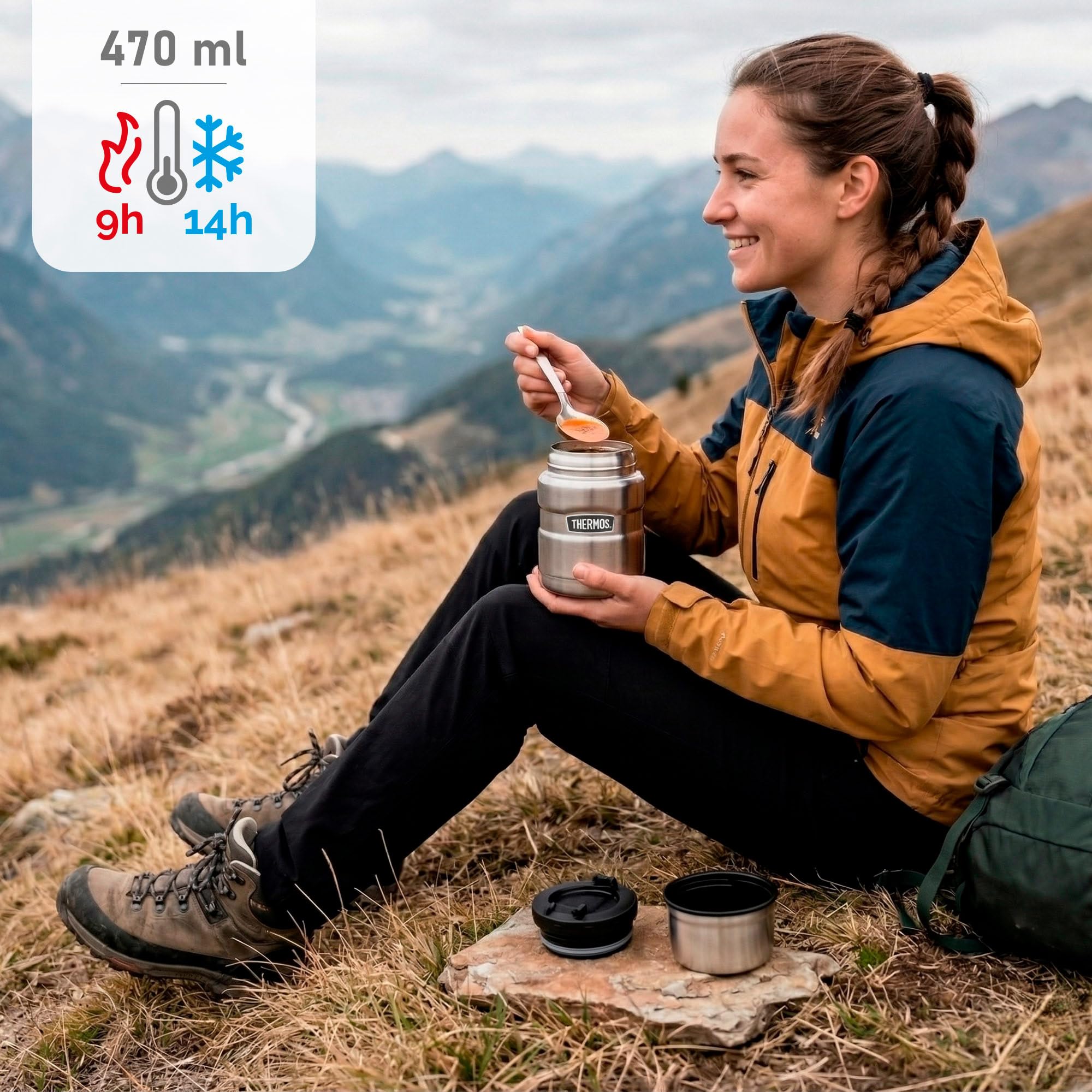 Thermos Stainless King Food Jar 470 ml, Contenitore Termico in Acciaio Inox con Cucchiaio, 9 h caldo/14 h Freddo, Assolutamente ermetico per zuppa, Cereali, stufato