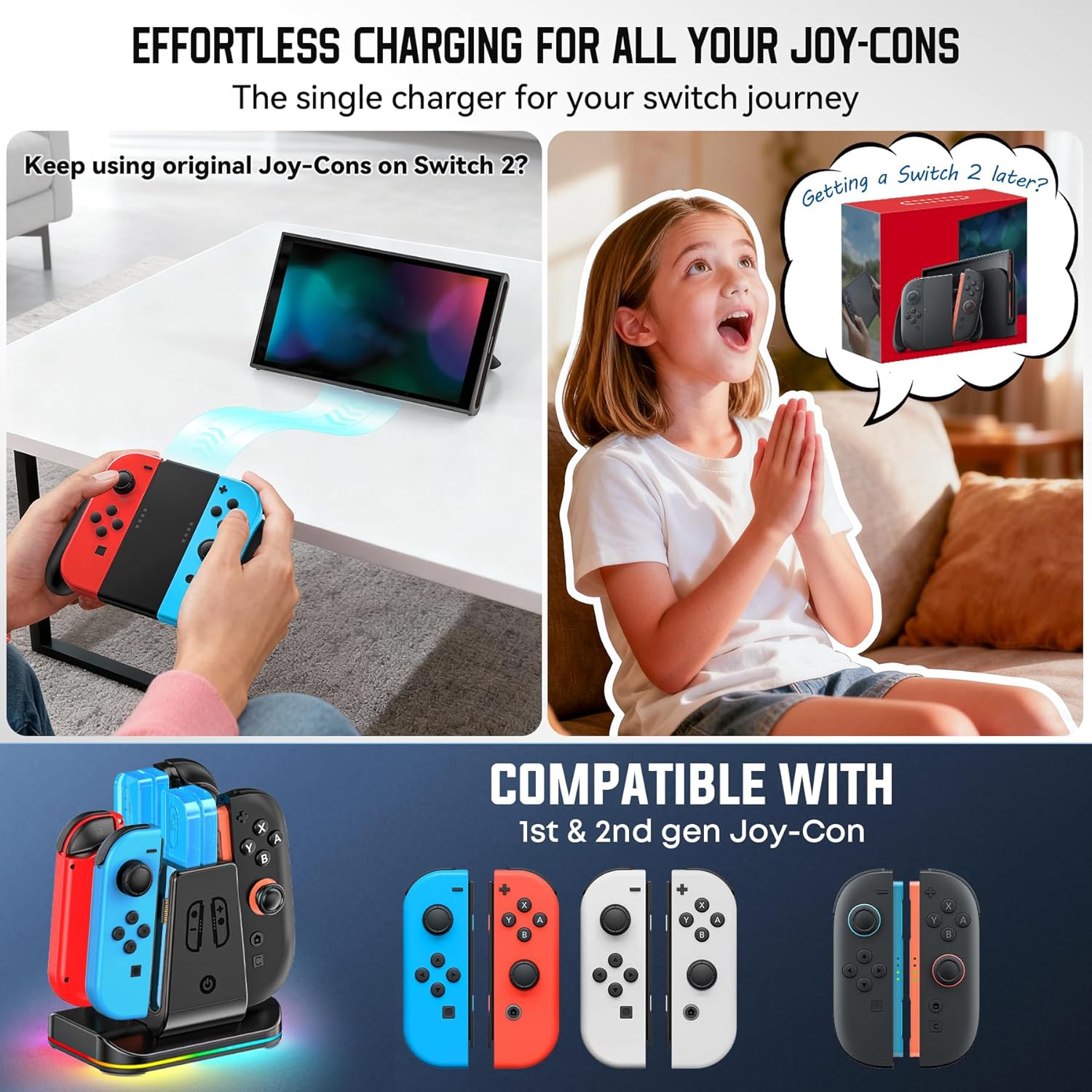 Switch 2 & 1 Controller Charger, 2-in-1 Charging Dock for Nintendo Switch 2025 / OLED/Original Joycons, Fast Charger Station with 9 RGB Modes, for Joy-Con 2/1 Accessories, for Nintendo 64 Console - Image 3