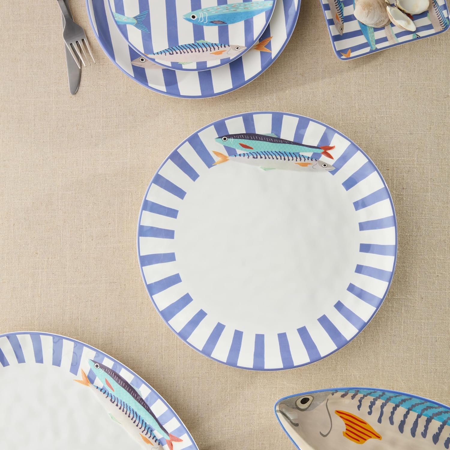 Something Fishy Ceramic ROUND PLATTER 13-Inch, coastal blue striped serving piece with colorful fish artwork, ideal for seafood dishes, appetizers, summer gatherings