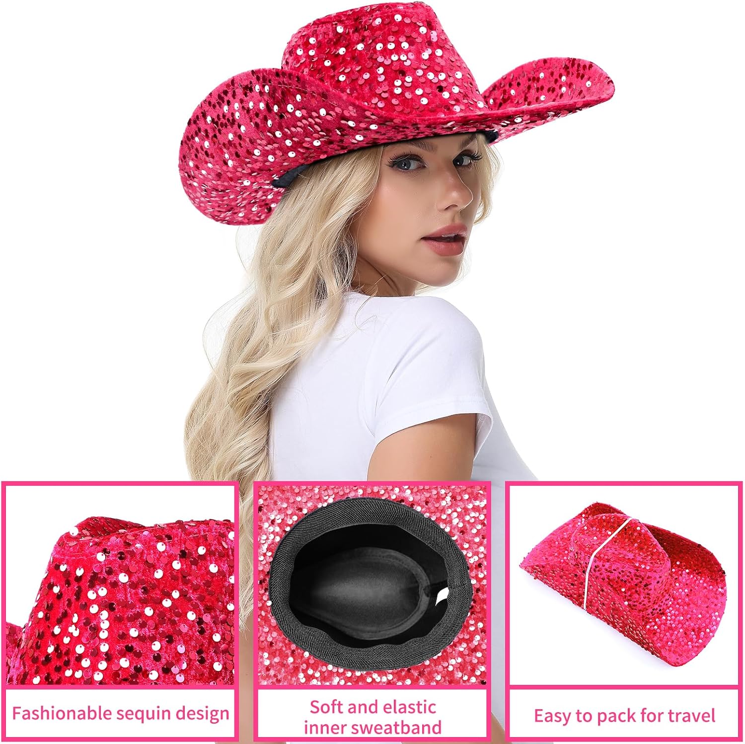 quescu Cowgirl Hat for Women Western Style Sequins Cowboy Hats for Disco Crystal Hat for Carnival Wedding Costume Party - Image 6