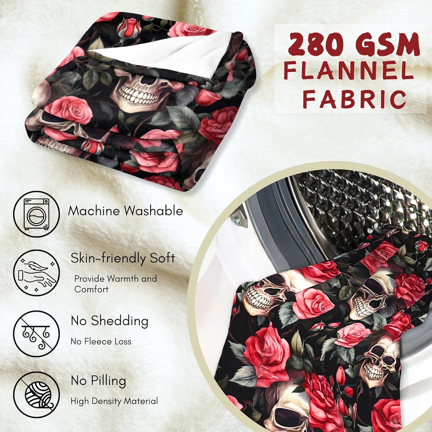 Skull and Roses Blanket Throw Cozy Soft Fleece Ultra Warm Plush Flannel for Sofa Bed Couch Home Office Lightweight Gifts Women Men 60"x80"