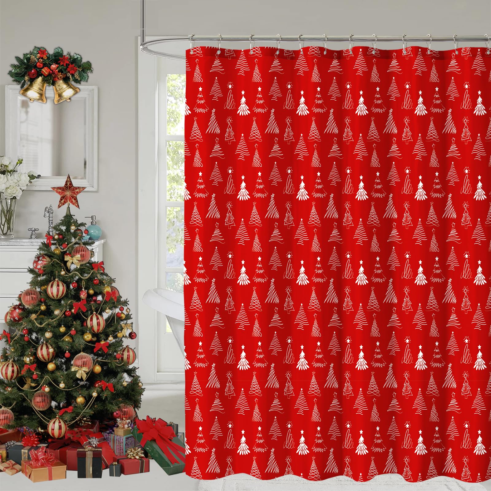 YOSTEV Christmas Shower Curtain, Christmas Tree Shower Curtains for Bathroom, Red Winter Holiday Shower Curtain for Bathroom Decor, Merry Christmas